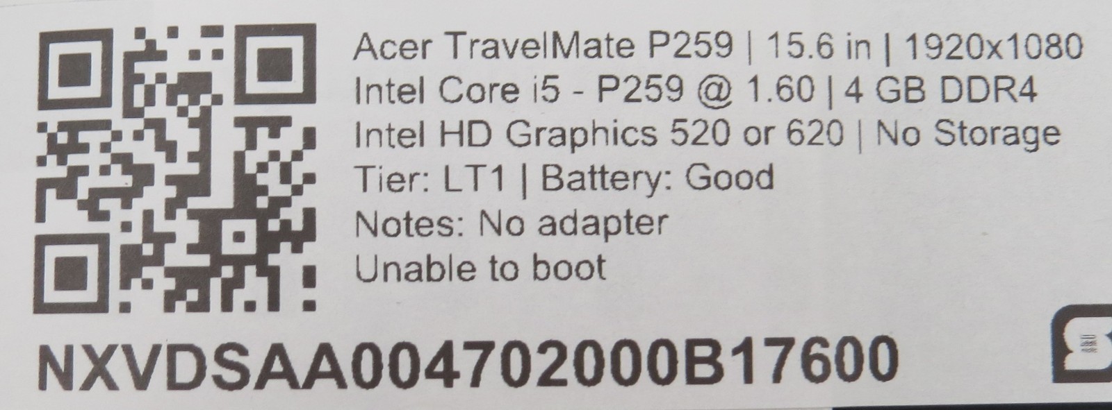 Acer TravelMate P259 i5-6200U @ 1.6Ghz 4GB DDR4 HD 520 15.6″ NO HDD/OS/AC PARTS