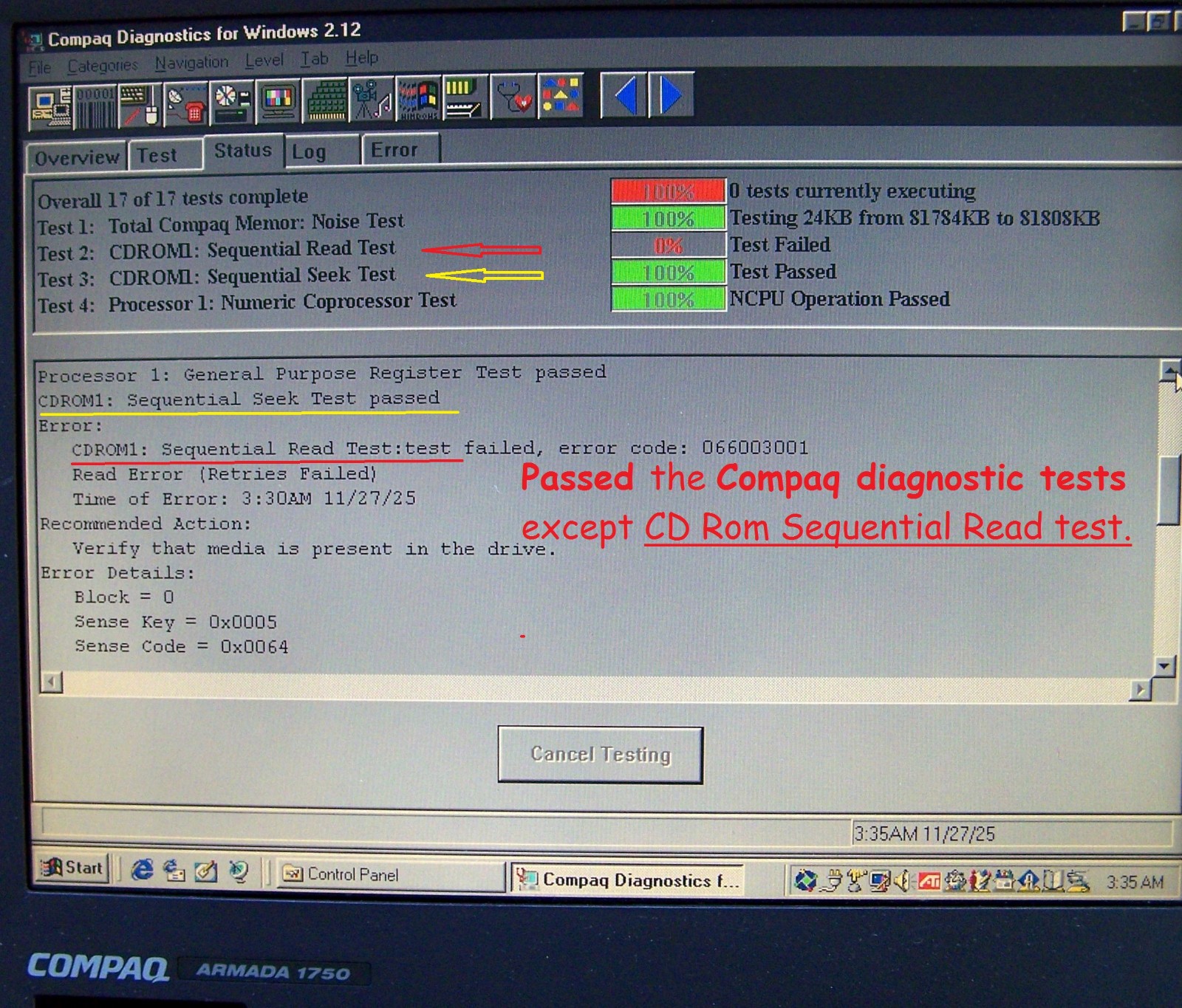 Vtg Compaq Armada 1750 Intel P2 Windows 95 Serial Parallel- ΝΟ 1590 ibm dos e500