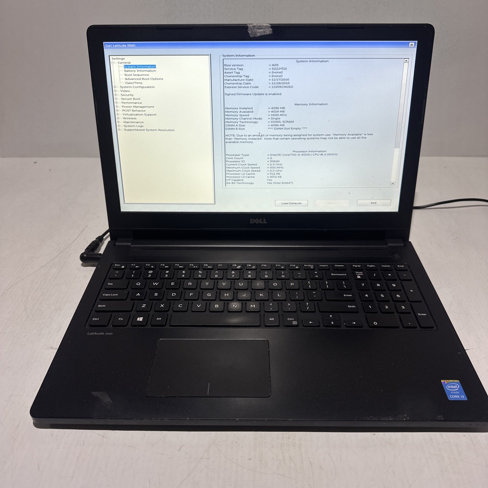 Dell Latitude 3560 15″ Laptop i3-5005u 4gb Ram No Drives Boots Bios