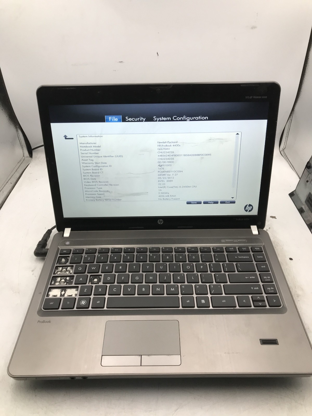 HP PROBOOK 4430S – BOOTS TO BIOS – INTEL I5 2450M – NO RAM – NO OS -READ DESC-BB