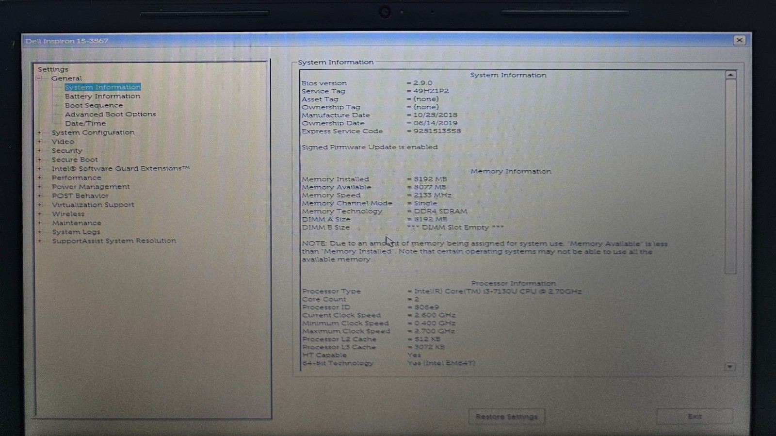 Dell Inspiron 15-3567 15.6″ Laptop Intel i3-7130U 8GB RAM 1TB HDD NO OS (FL)