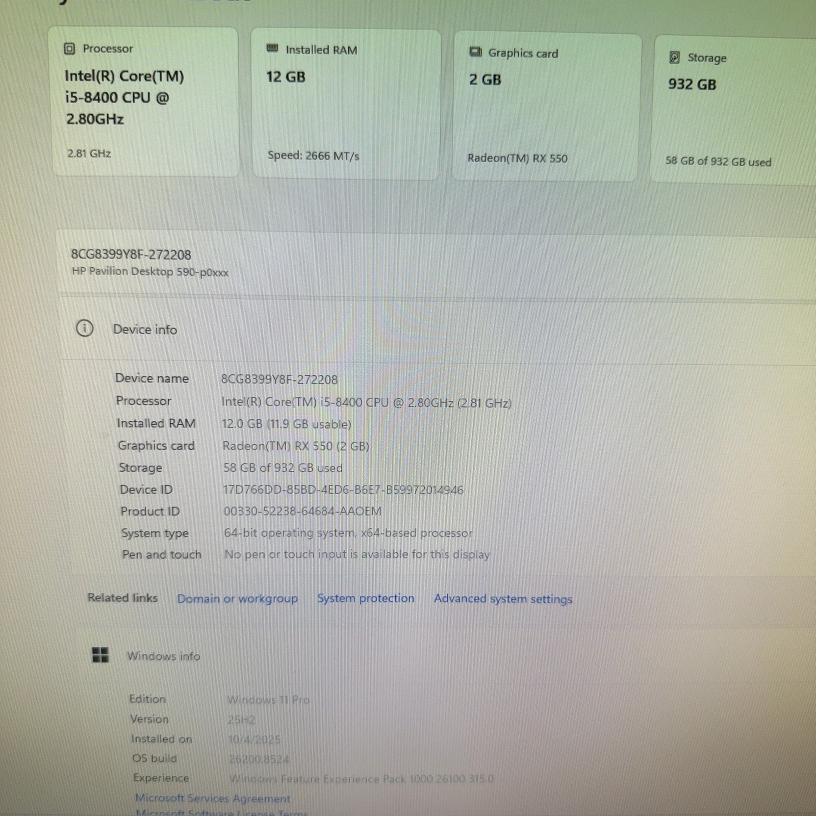 HP Pavilion Desktop 590-p0xxx i5-8400 2.8GHz 12GB RAM 1TB HDD Win 11 Pro