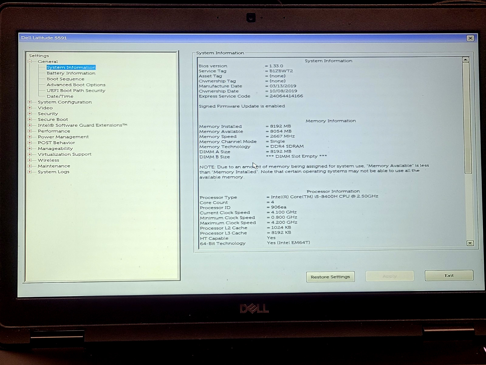 Dell Latitude 5591 FHD Intel i5-8400H 8GB RAM/256GB SSD Win11Pro, B, Powercord