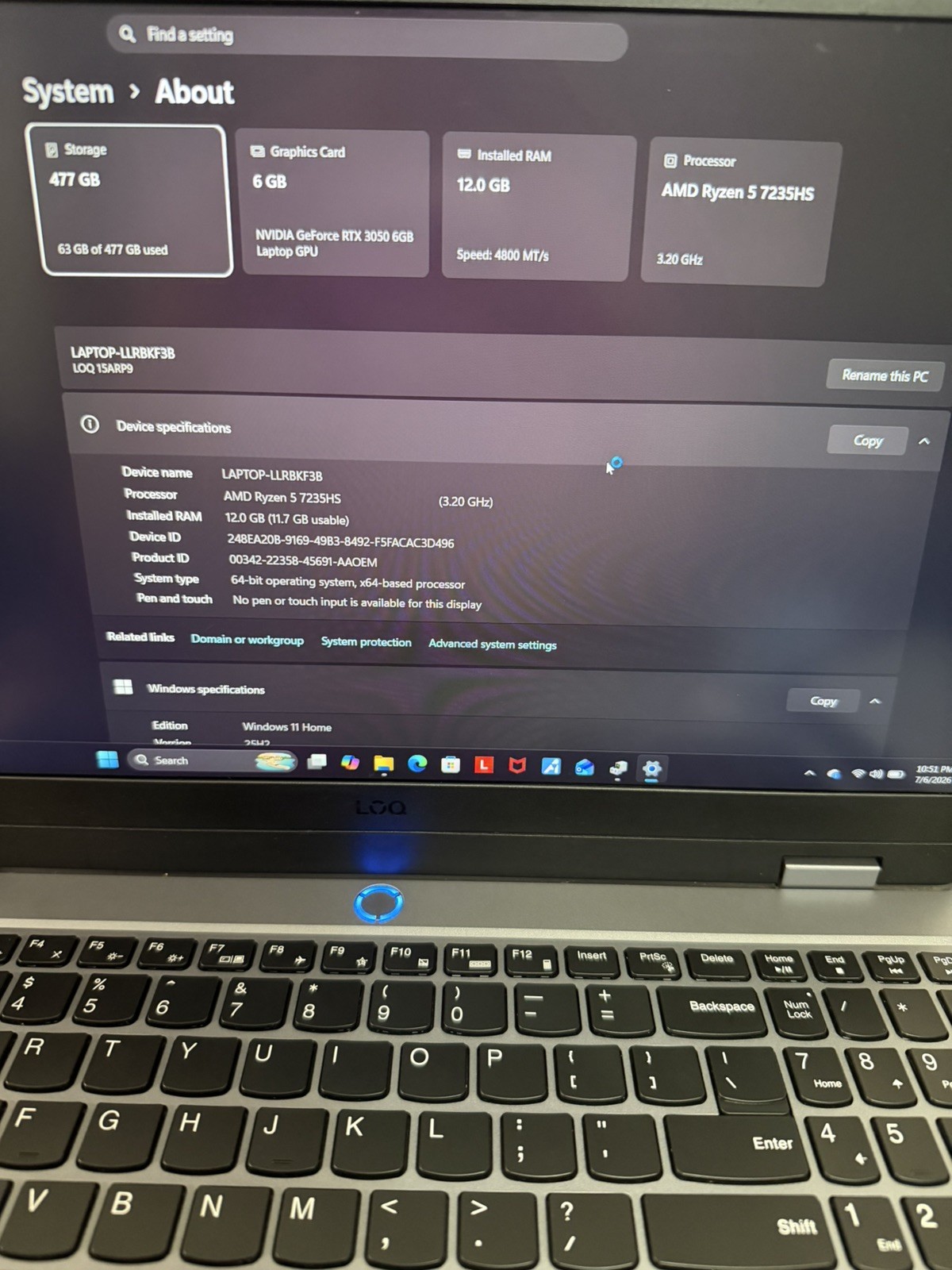 Lenovo LOQ 15ARP9 15.6″ Ryzen 5 7235HS 12GB 477GB SSD RTX 3050