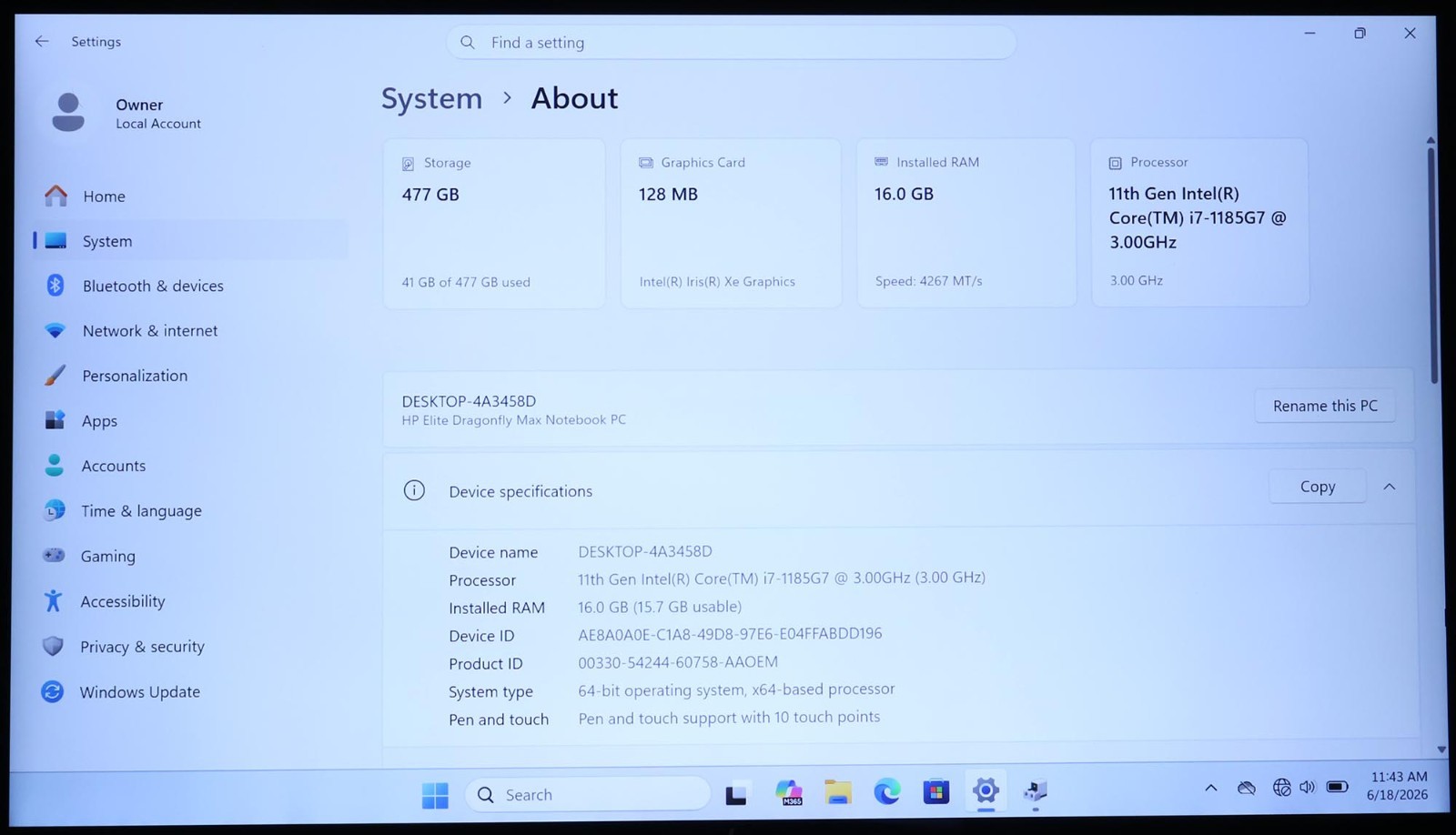 HP Elite Dragonfly Max Core i7-1185G7 3.0GHz 16GB 512GB 13″ 5G LTE 43L78UT#ABA