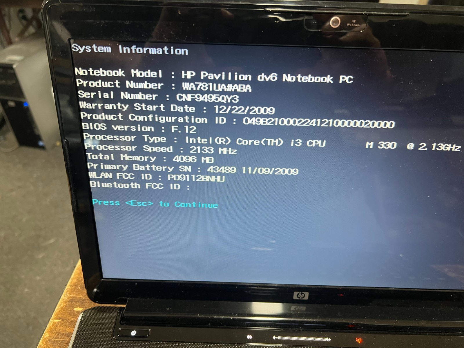 HP Pavilion DV6- PC Intel i3-M330 2.13GHz 4 GB NO HDD No OS