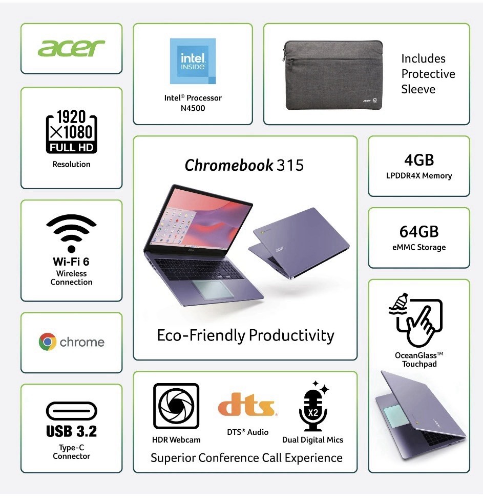 Acer Chromebook 315 15.6in FHD Intel N4500 4GB 64GB eMMC ChromeOS Silver