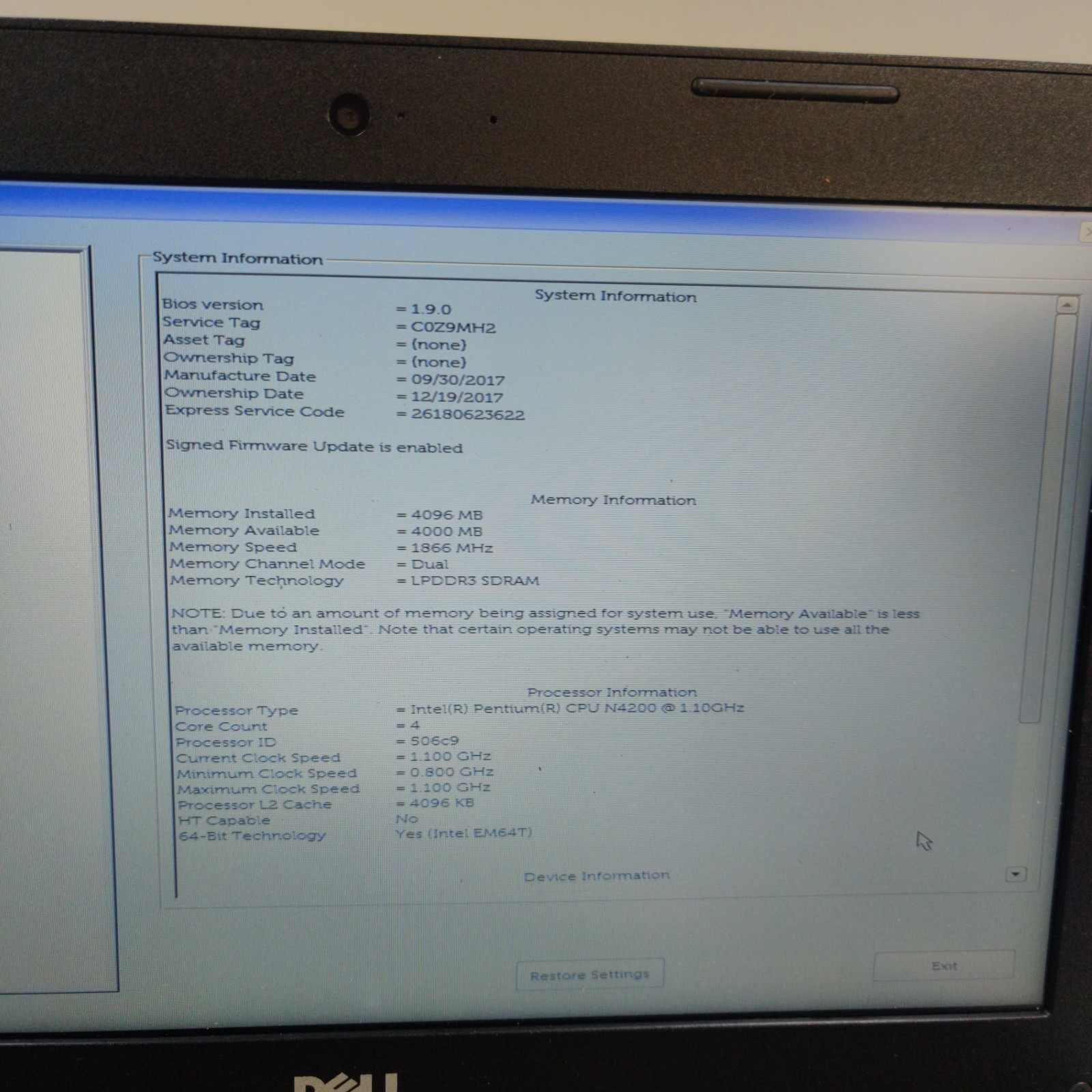 Dell latitude 3180 N4200 1.1GHz 4GB Ram NO SSD/OS/AC ADAPTER FOR PARTS BAD LCD