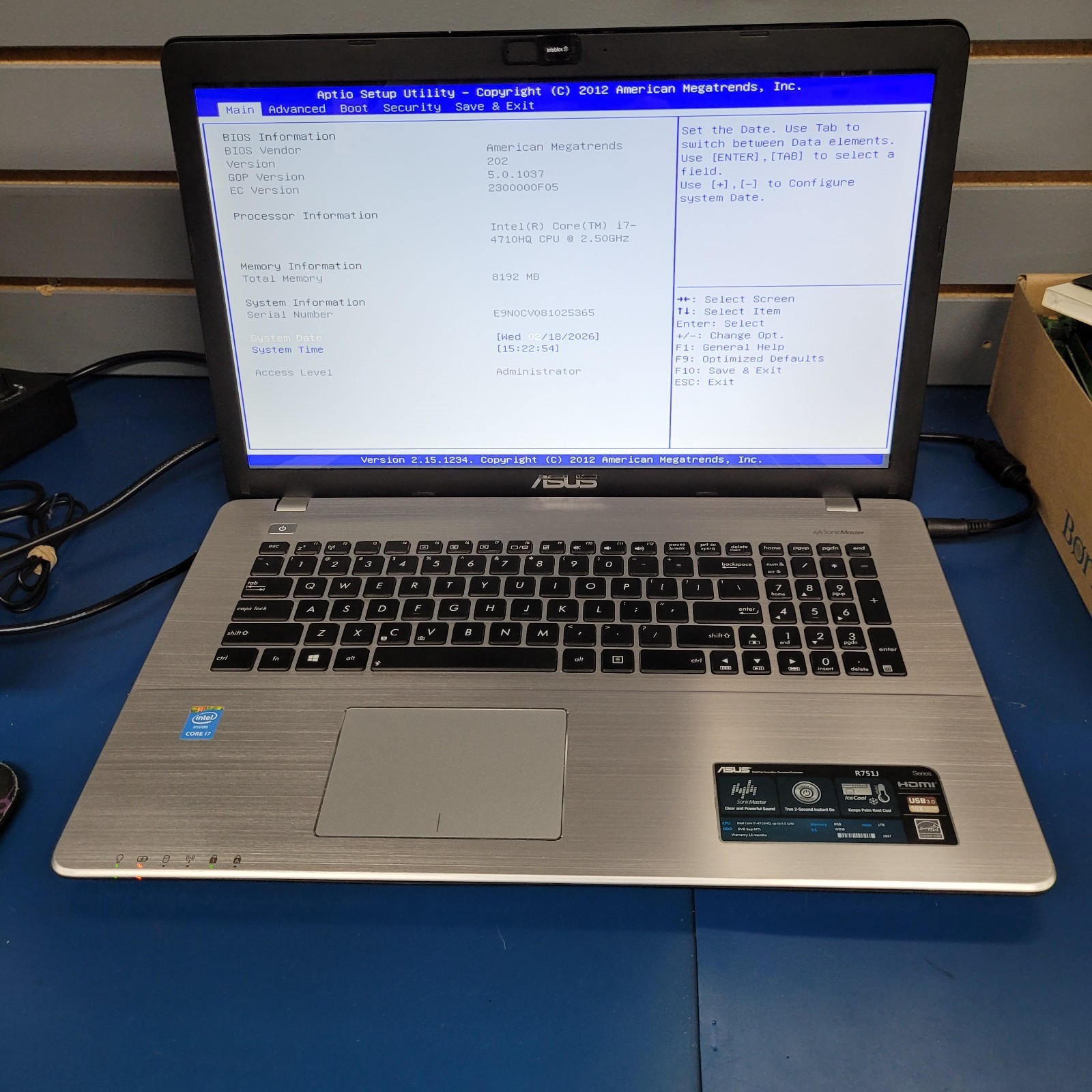 Asus R751J Laptop Intel i7-4710HQ @2.50 GHz 8 GB RAM NO HDD