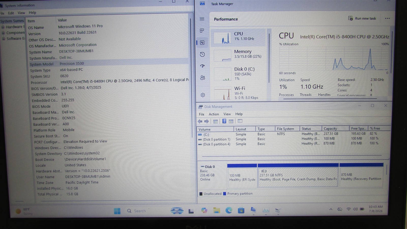 Dell Precision 3530 i5-8400H 2.5GHz 16GB RAM 256GB m.2 15.6″ Win 11 Pro MISS KEY