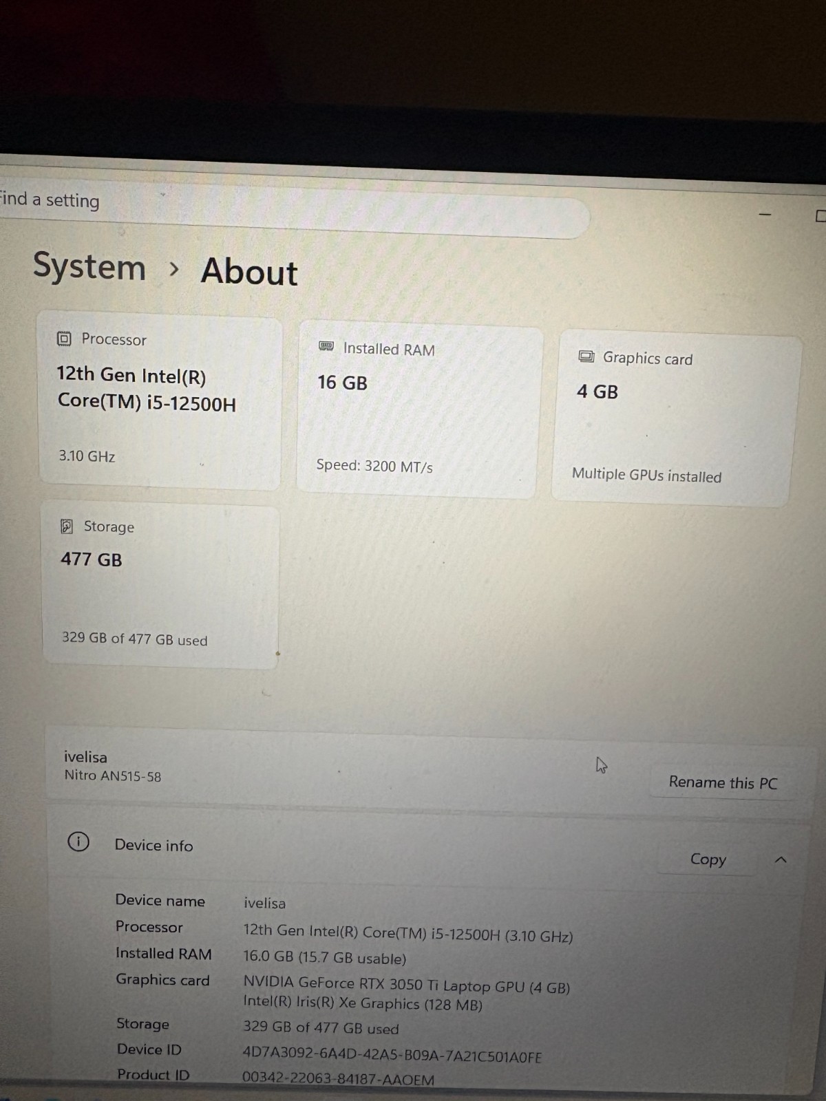 acer nitro 5 12th Gen Intel(R) Core(TM) i5-12500H (3.10 GHz)