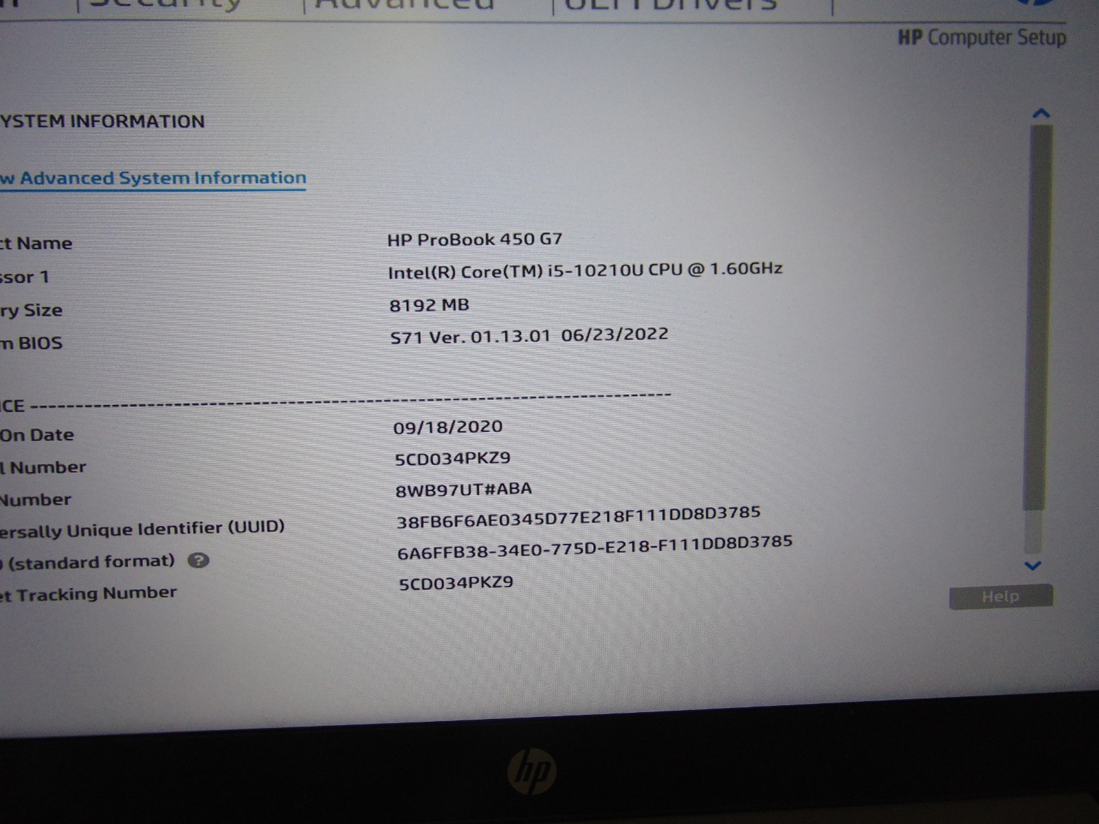 HP Probook 450G7/i5-10210u/8GB/ No HD, OS, Or Chrgr/ See Description