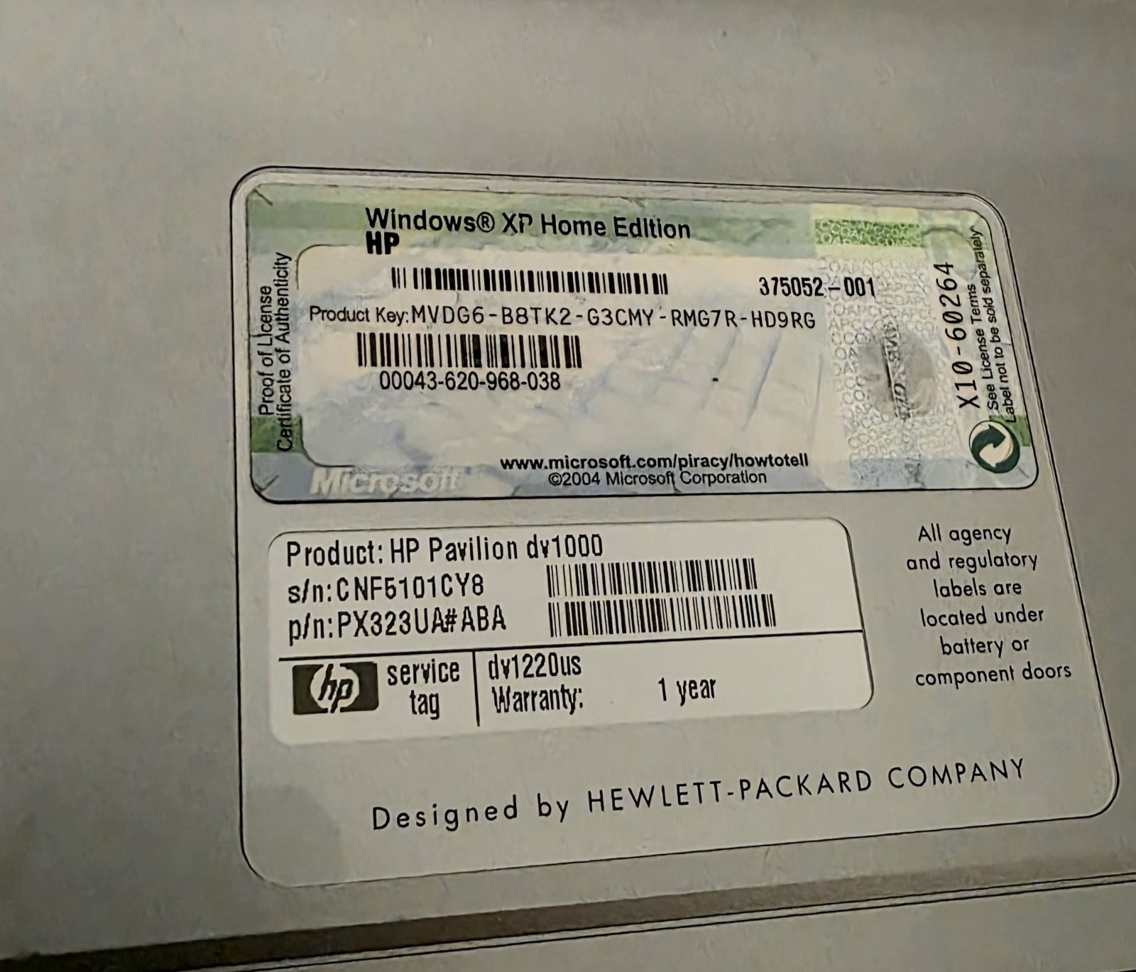 HP Pavilion DV1000 Widescreen Laptop Windows XP No charger Not Tested for parts