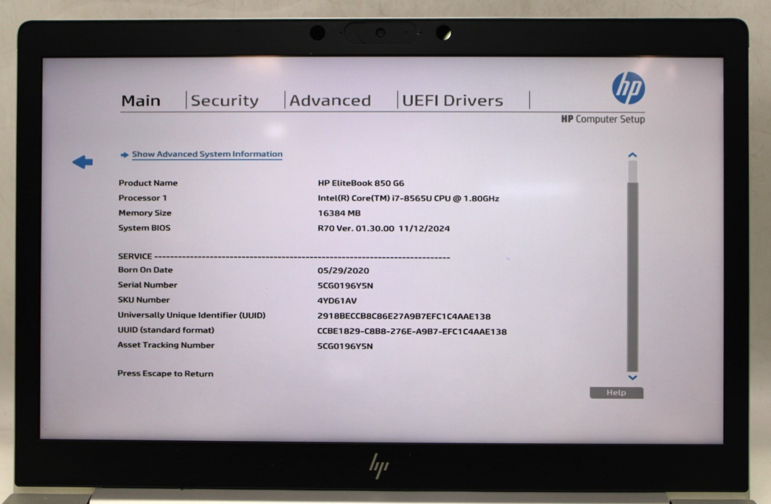 HP EliteBook 850 G6-i7-8565U@1.8GHz-16GB DDR4-NO STORAGE OR OS *USED/TESTED*