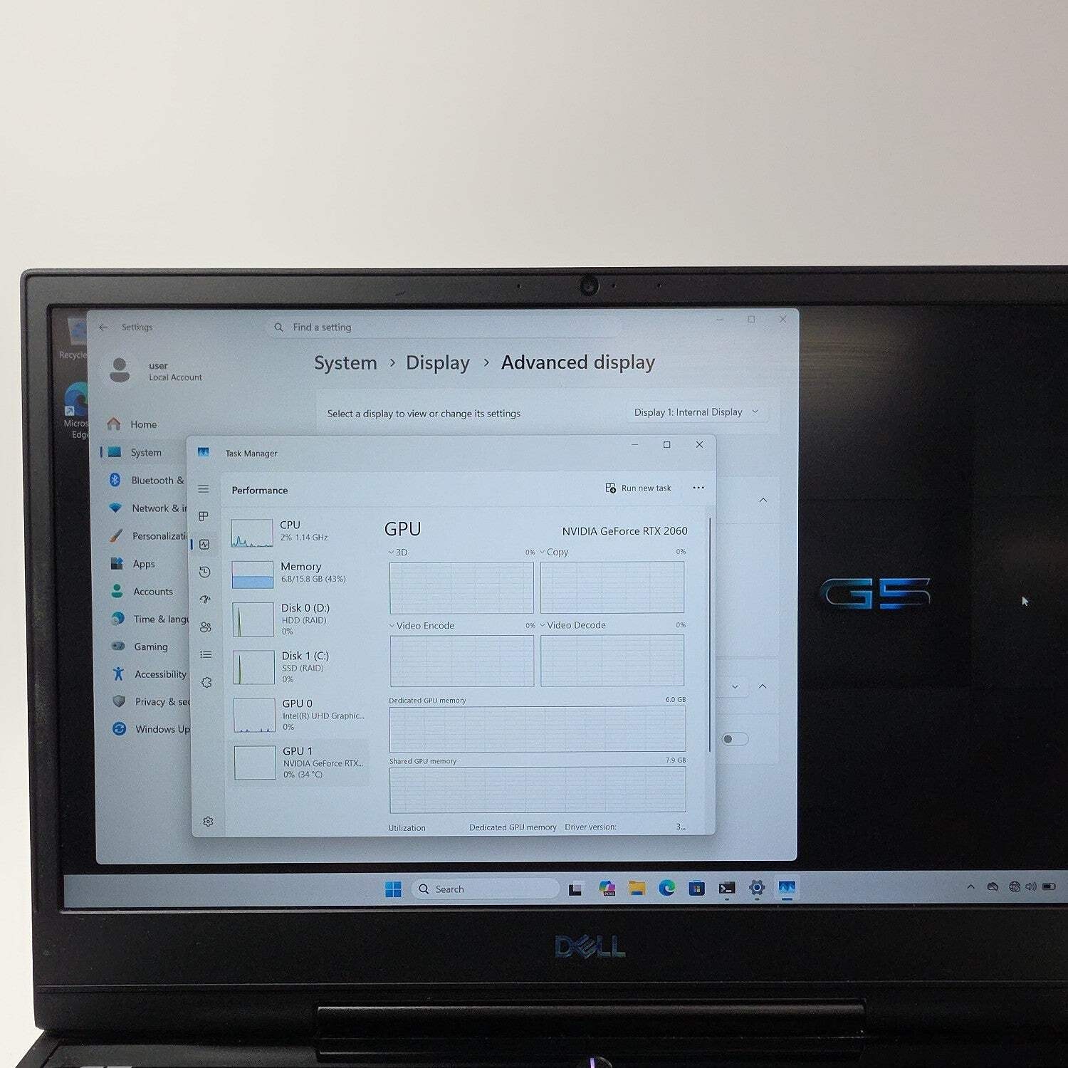 Dell G5 5500 15.6″ i7-9750H 2.6GHz 16GB RAM 1TB HDD 256GB SSD GeForce RTX 2060