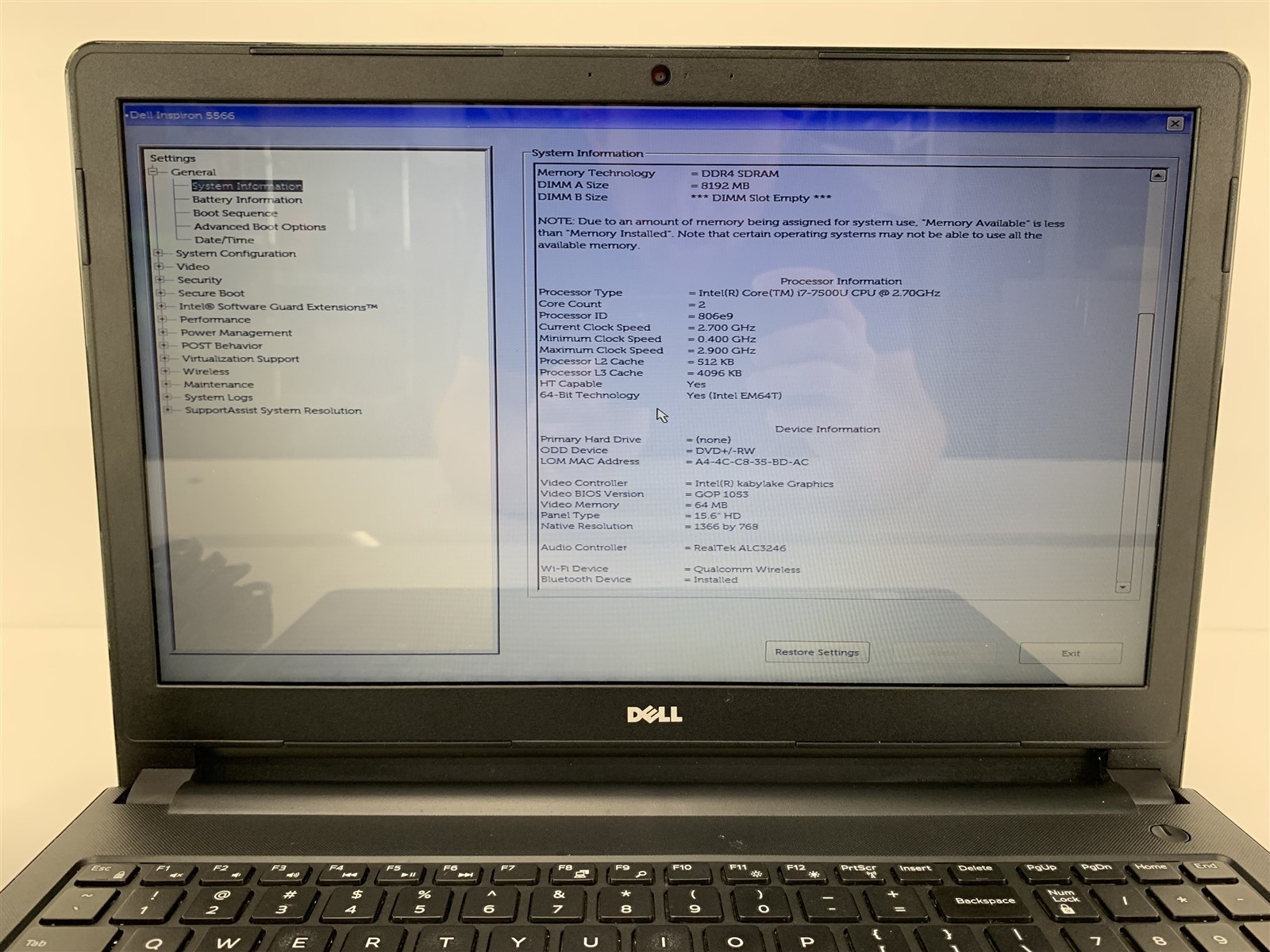 Dell Inspiron 5566 i7-7500U 2.70GHz 8GB RAM No HDD/SDD – Boots to BIOS – 15.6″