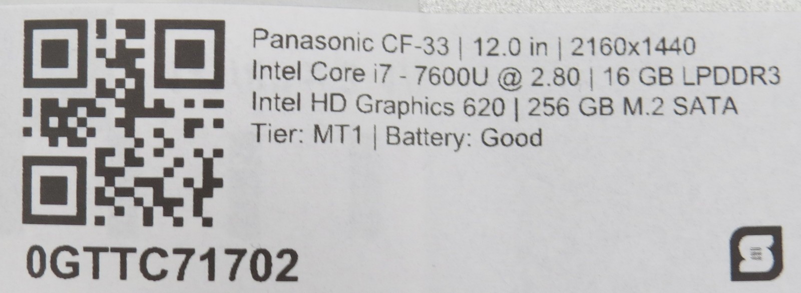 Panasonic CF-33 Toughbook i7-7600U@2.8 | 16/256GB SSD | 12″ Touch | No OS/AC