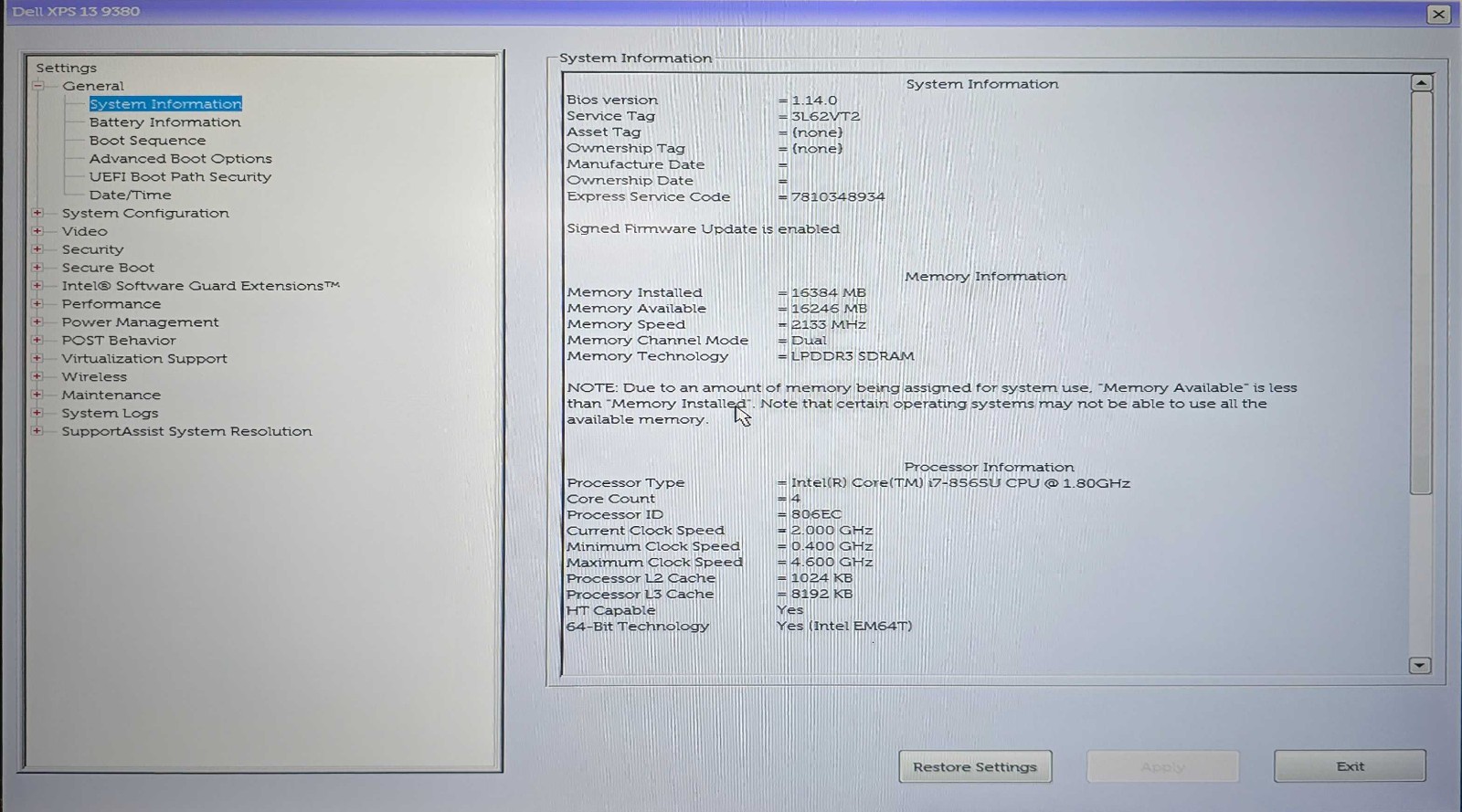 Dell XPS 13 9380 Core i7-8565U 16GB RAM 256GB SSD W11 Pro NO BATT w/AC Adapter