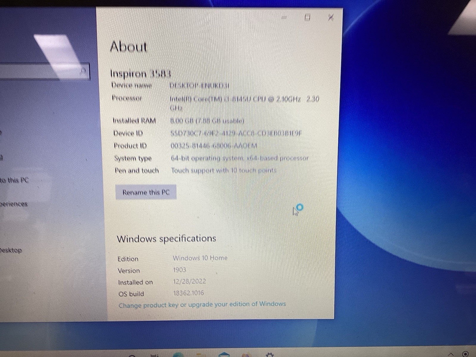 DELL INSPIRON 3583 | INTEL CORE I3-8145W 2.30GHZ | 128GB | 8GB | NO BATTERY