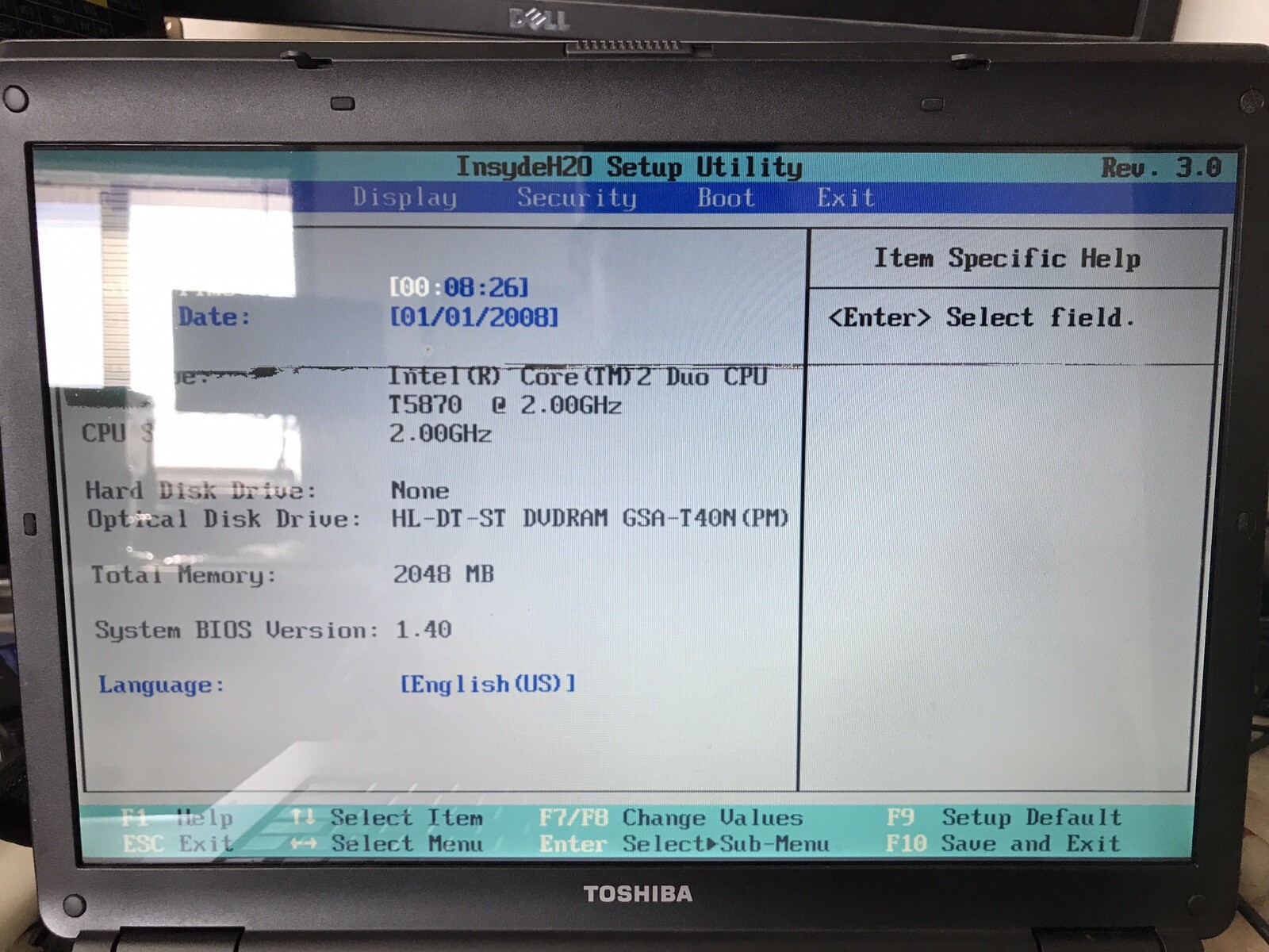 Toshiba Satellite Pro L300 Intel Core 2 Duo CPU T5870 @ 2.00GHz Booted to BIOS