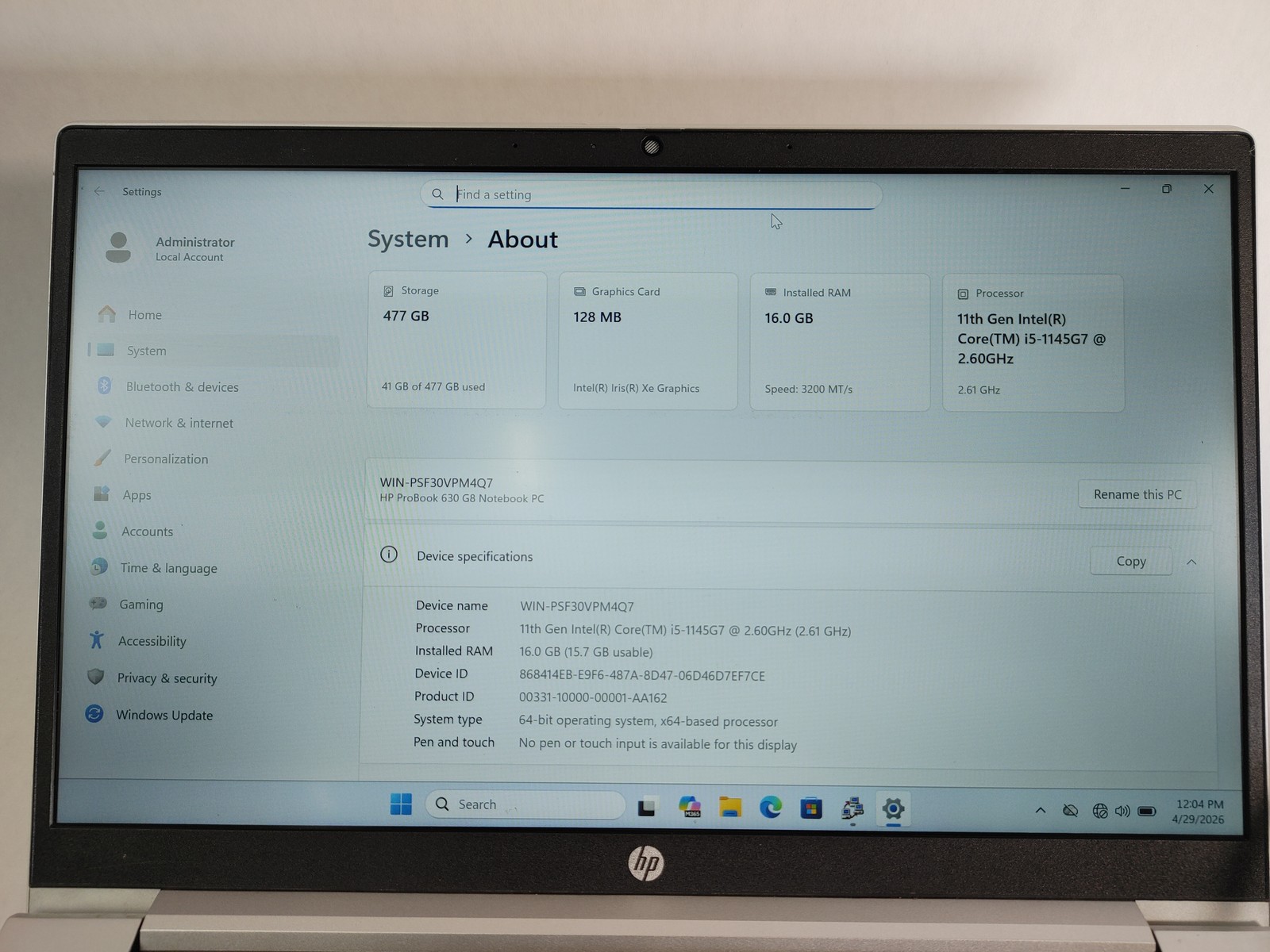 HP ProBook 630 G8 Core i5-1145G7 2.60 GHz 16 GB DDR4 512 GB NVMe Windows 11 Pro