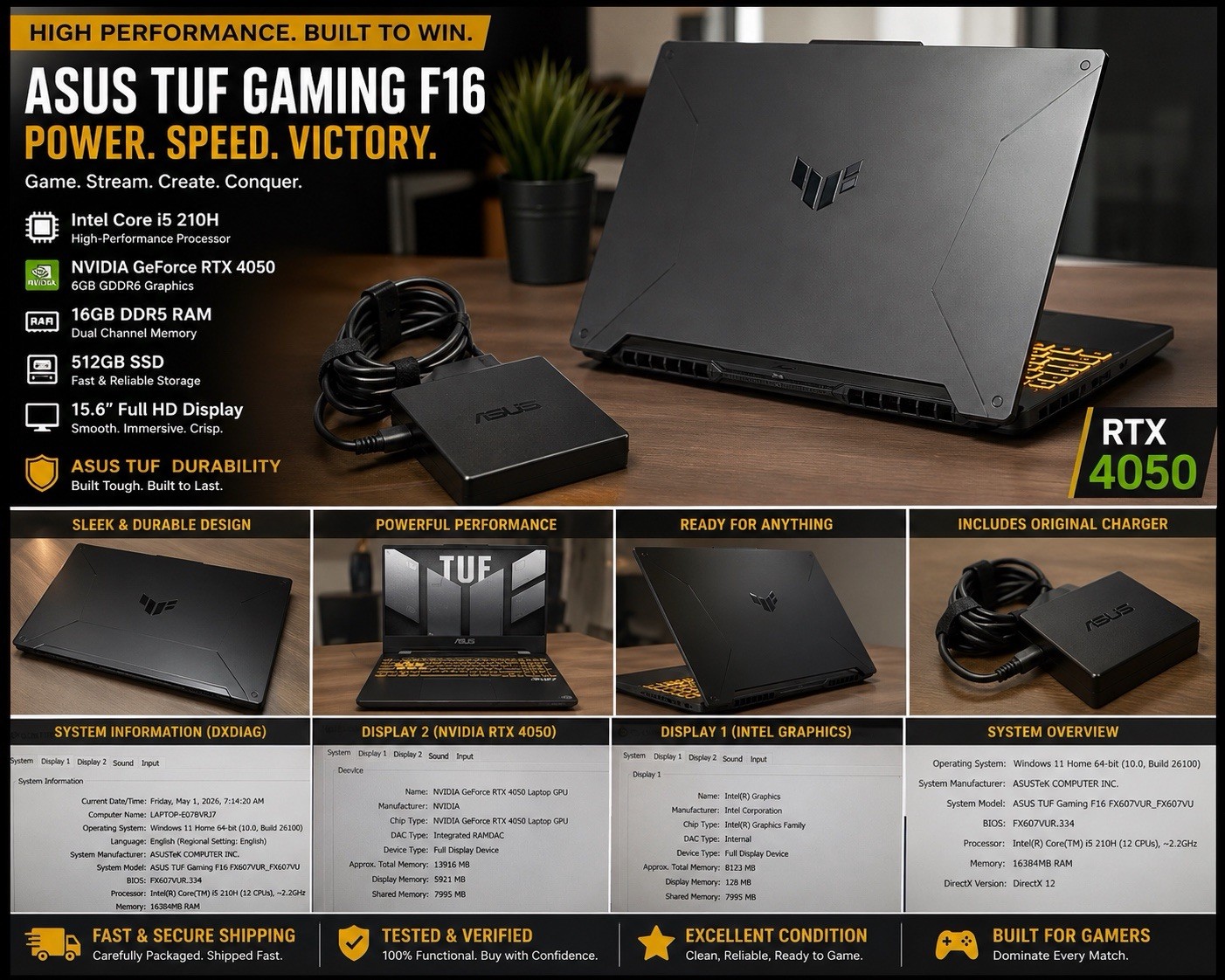 ASUS TUF F16 Gaming Laptop RTX 4050 16GB RAM 512GB SSD Intel i5 15.6