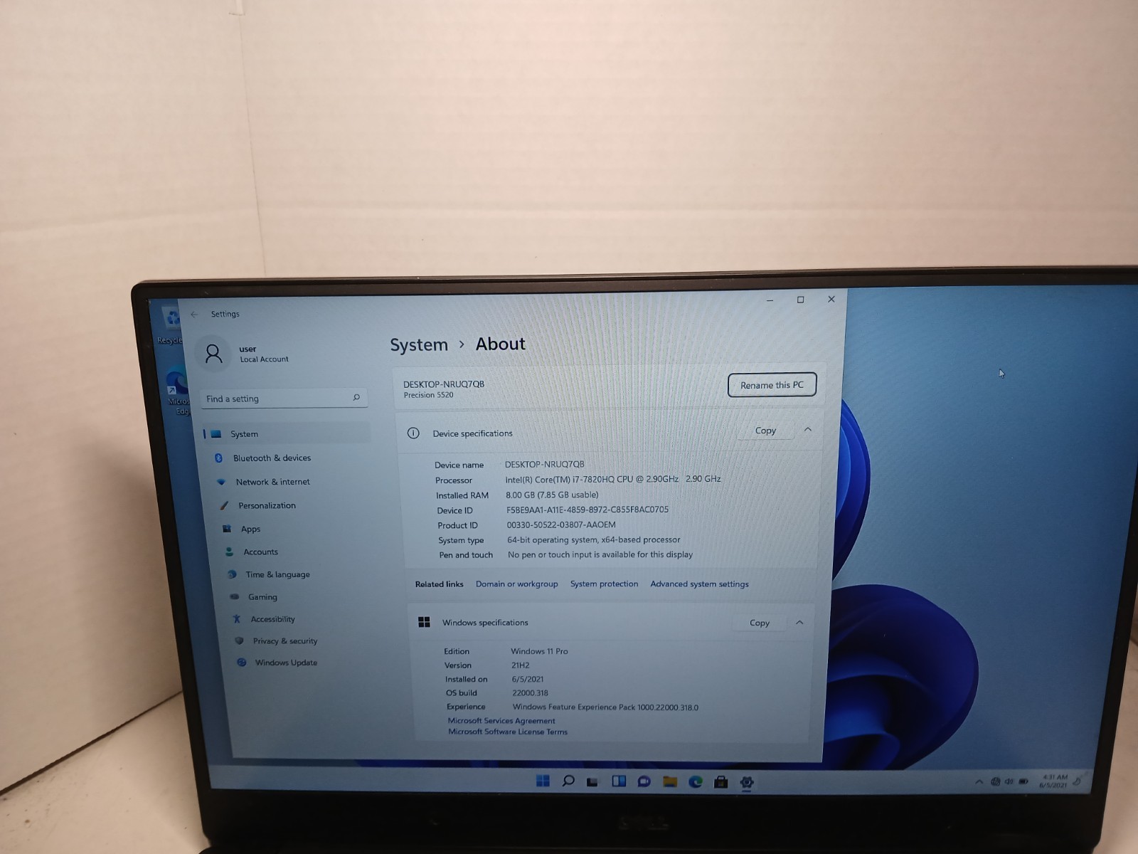 Dell Precision 5520 15.6″ Laptop i7-7820HQ 8GB RAM 256GB SSD Win11 M1200 #97