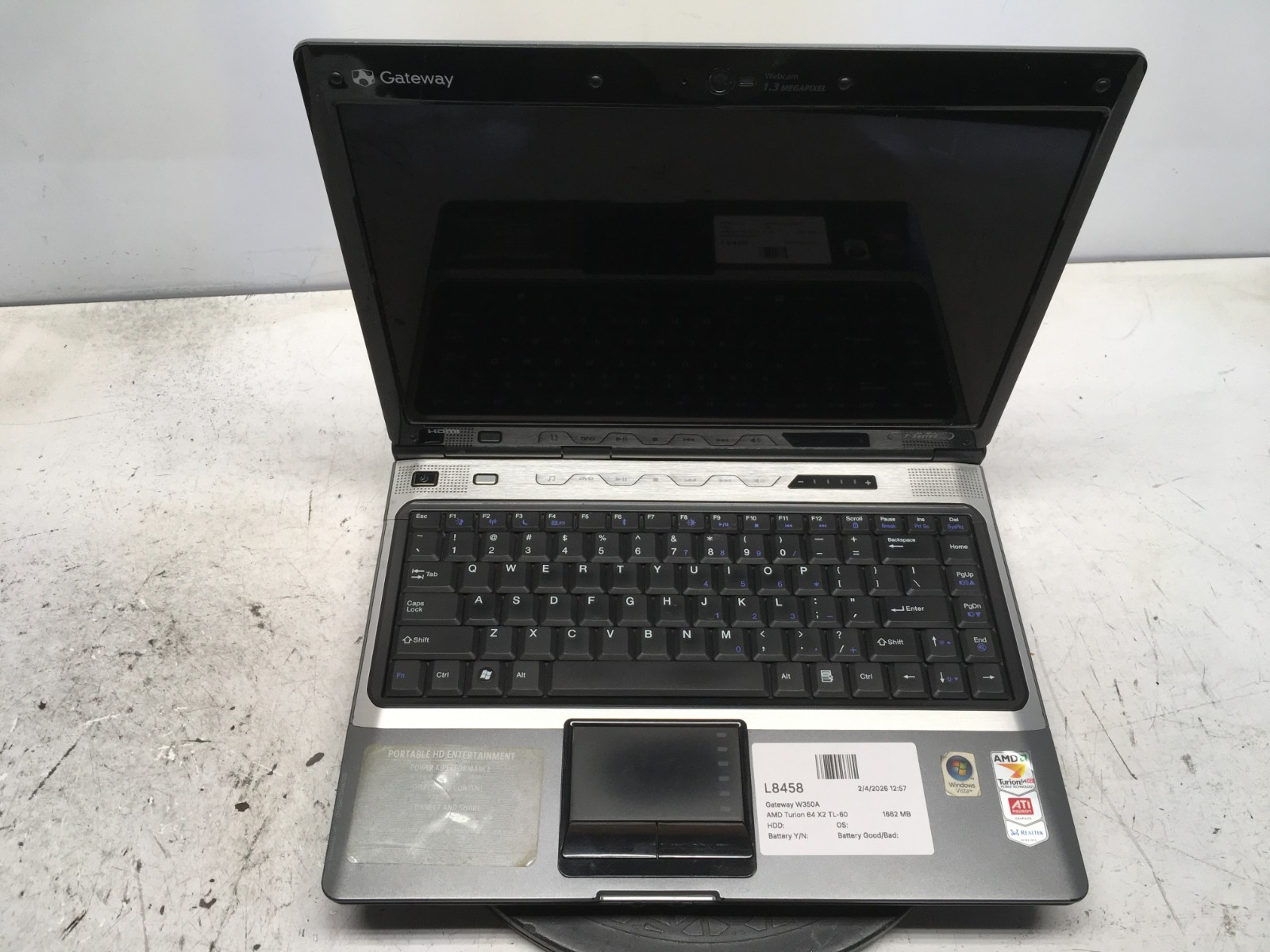 Gateway W350A AMD Turion 64 X2 TL-60 2000MHz 1662 MB NO HDD