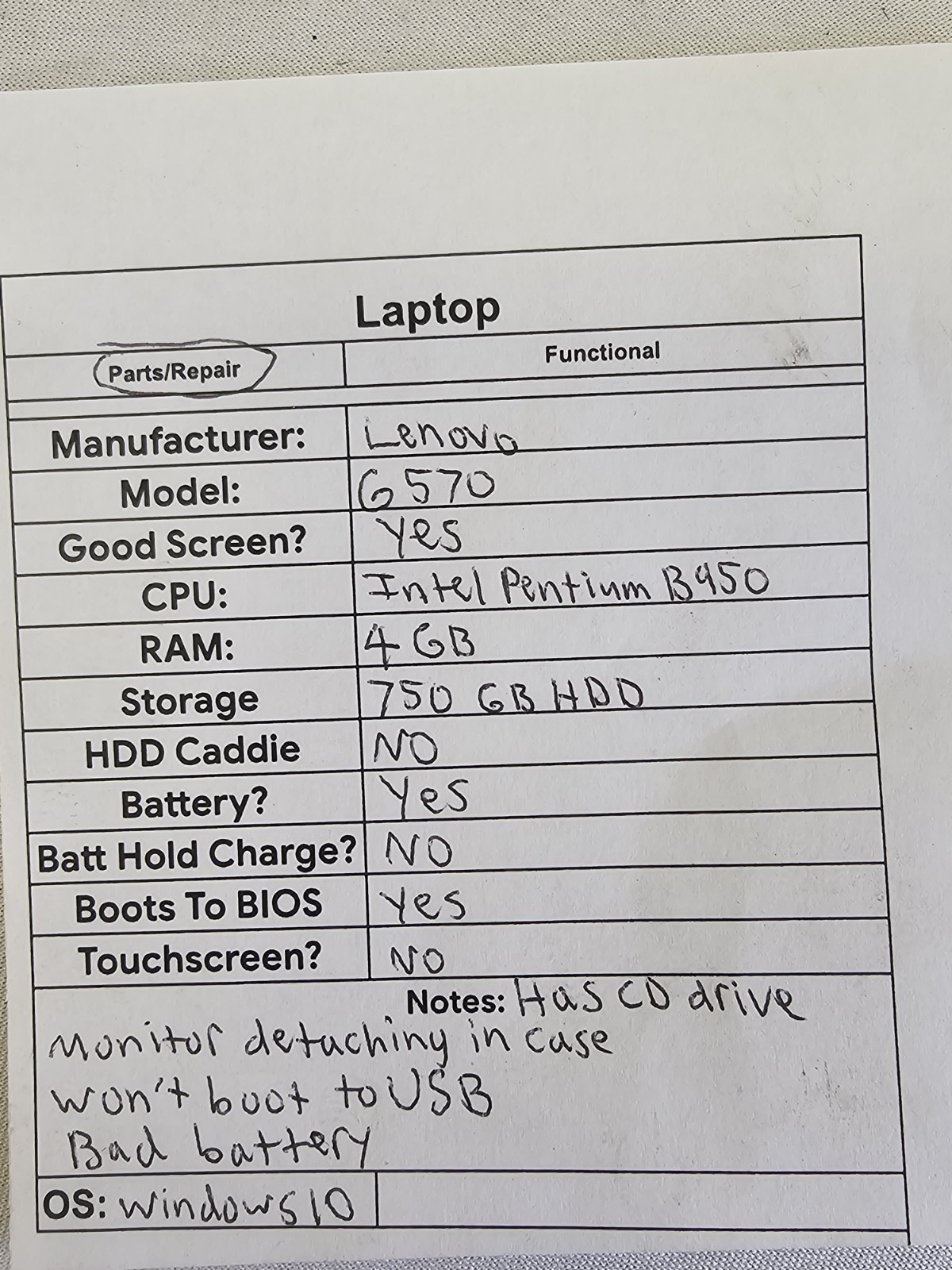 Lenovo G570 Laptop – Pentium B950 – 4GB RAM – 750GB HDD – Parts/Repair Read Desc