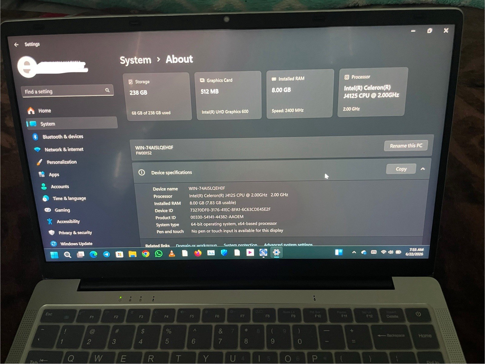 Auusda 14″ Windows 11 Laptop Celeron J4125 8GB 238GB SSD FHD USB-C Silver
