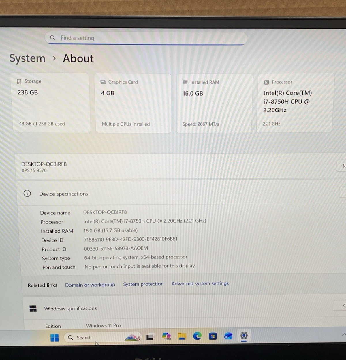 Dell XPS 15 9570 15.6″ Core i7-8750H @ 2.20GHz 16GB RAM 256GB SSD Windows 11 Pro