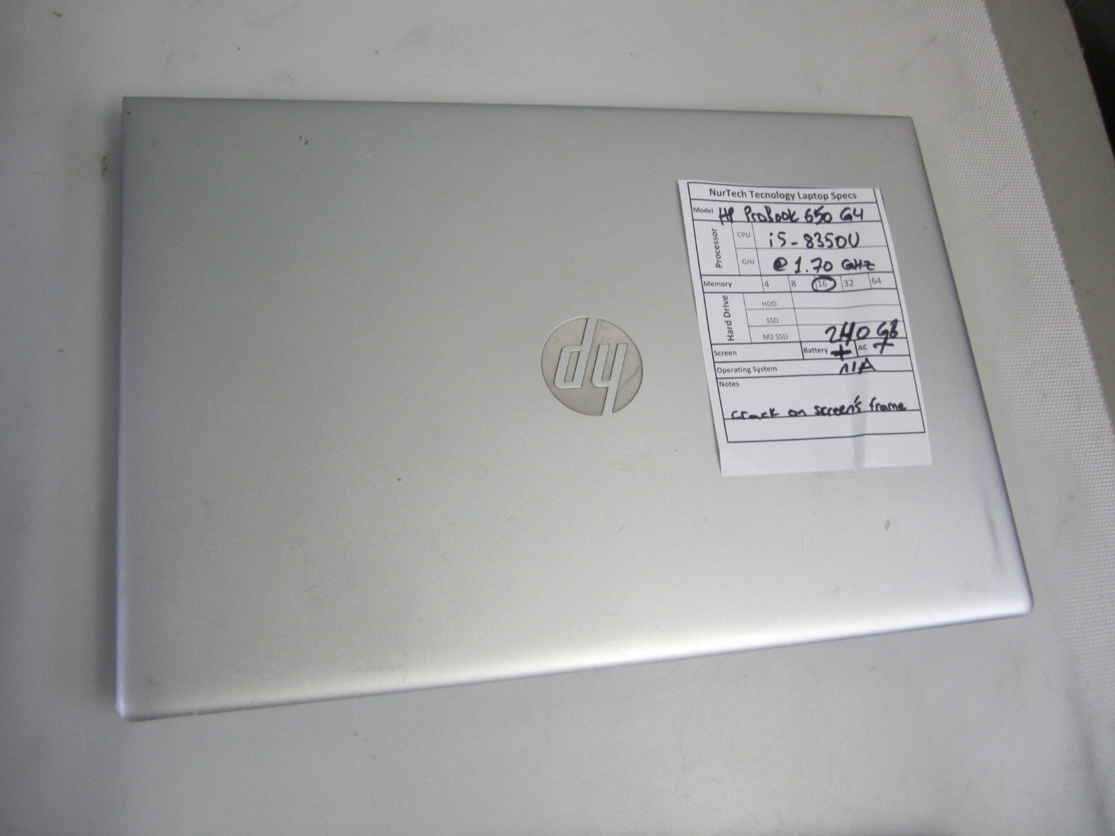 HP ProBook 650 G4 i5-8350U 1.7GHz 16GB/240GB m2SSD [NO OS] Laptop + AC READ