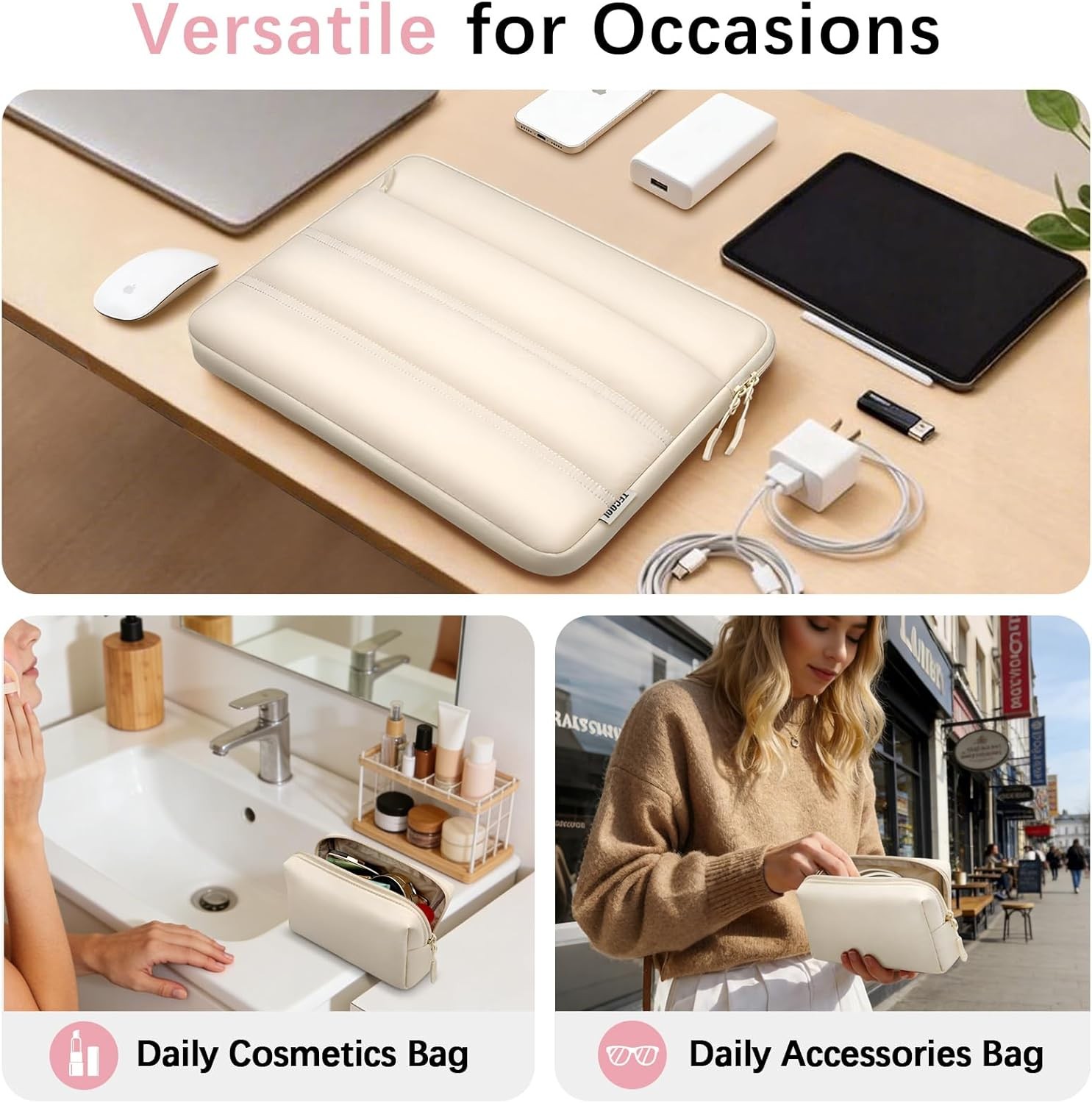 Waterproof Sleeve for 15.6 Inch Laptop, Sand Color with Small Bag & Horizontal P