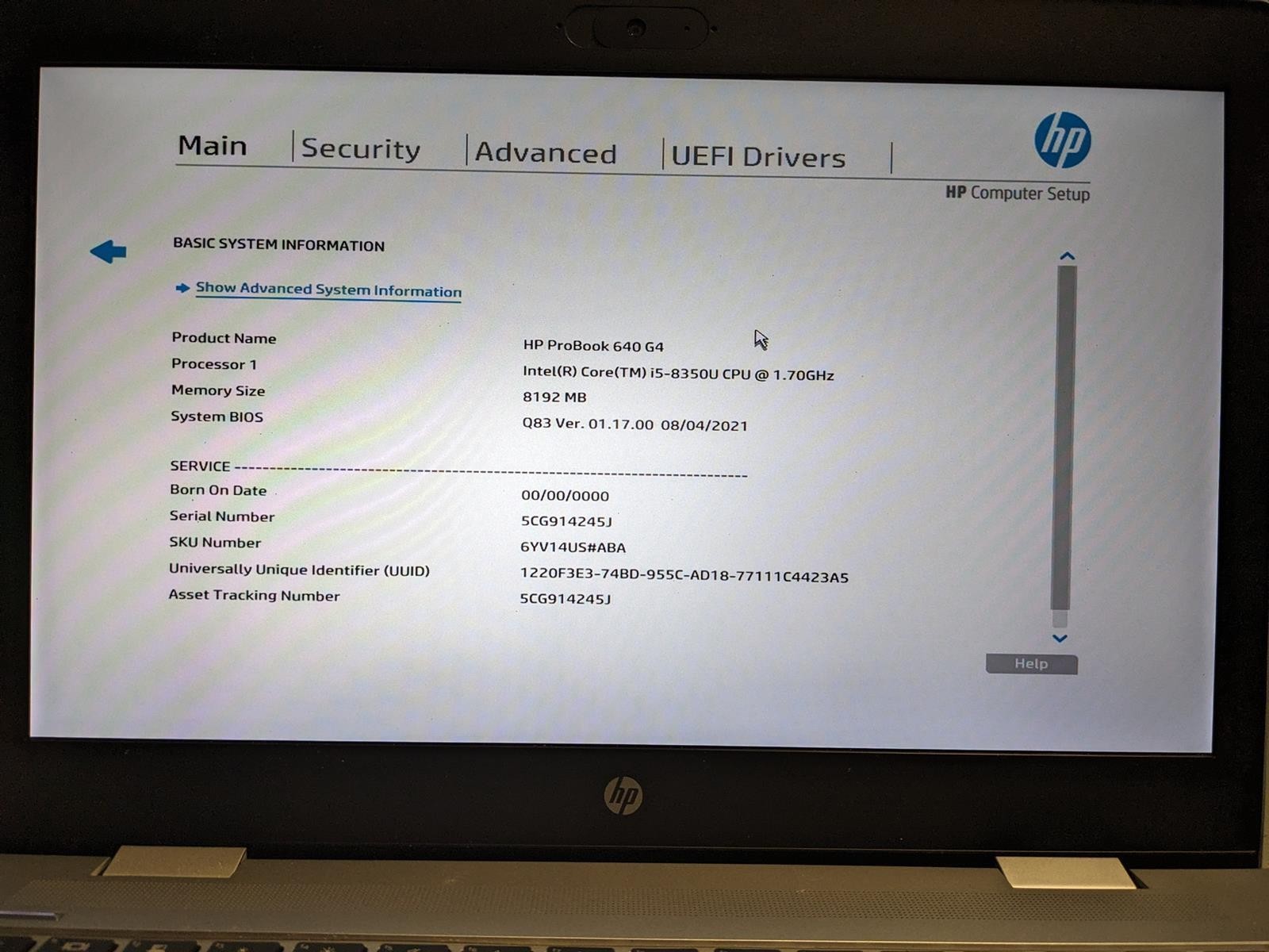 HP PROBOOK 640 G4 i5-8350U @ 1.70GHz, 8GB RAM, NO HDD/OS