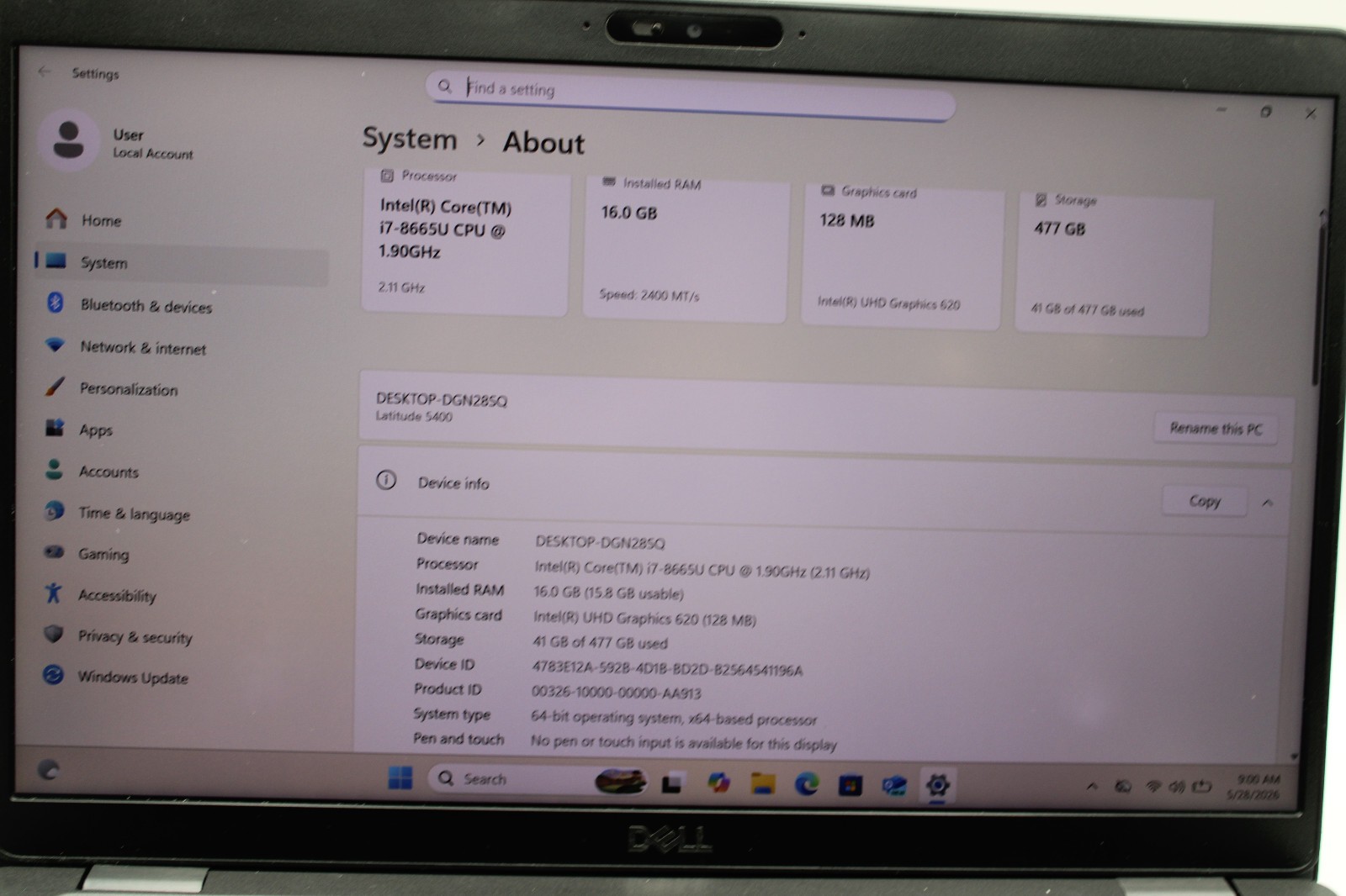 Dell Latitude 5400 i7-8665U @ 1.9 GHz 16GB RAM 512GB SSD Windows 11 Home