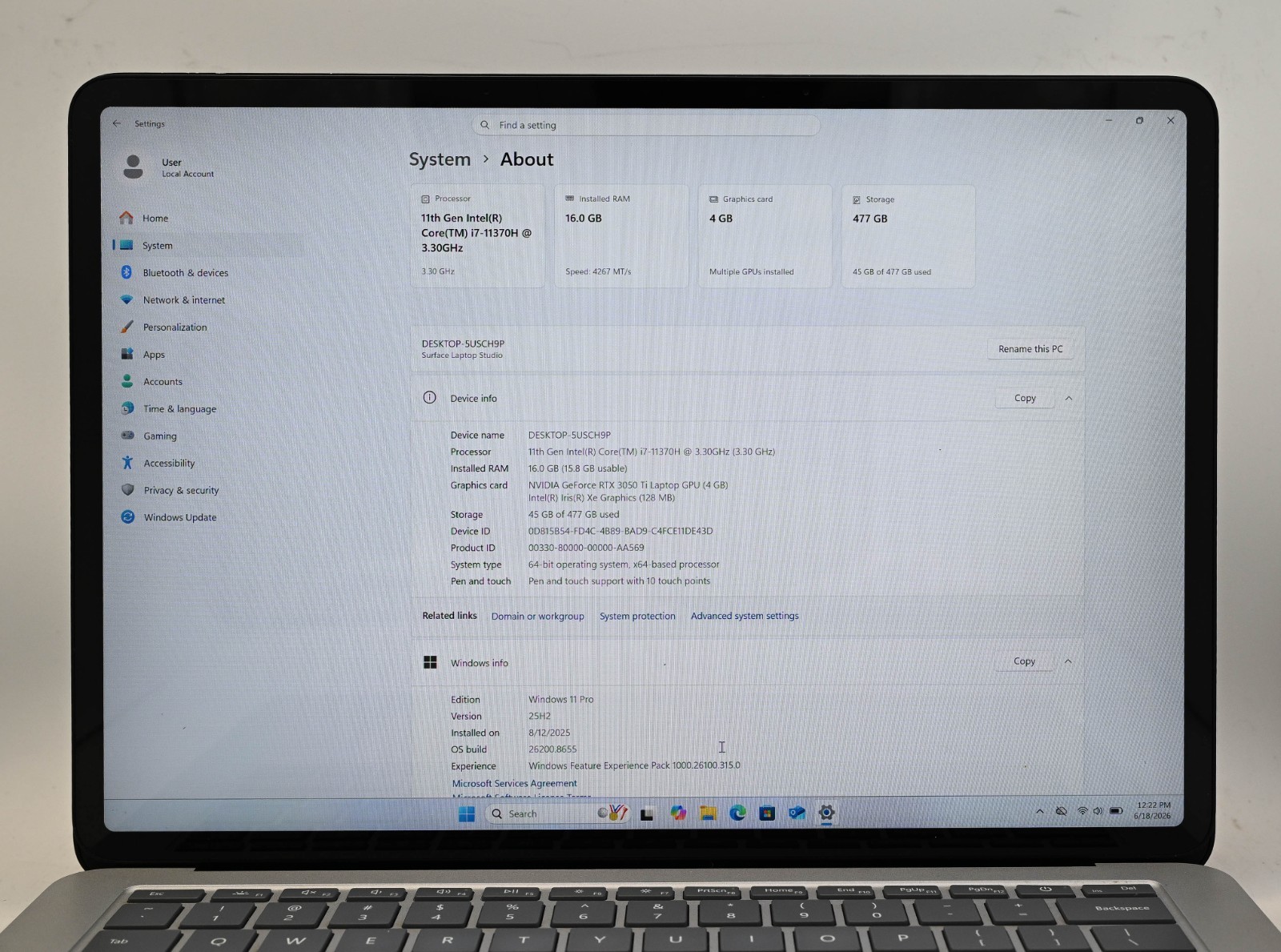 Microsoft Surface Laptop Studio i7-11370H 3.3GHz 16GB RAM 512GB SSD BH: 86.3%