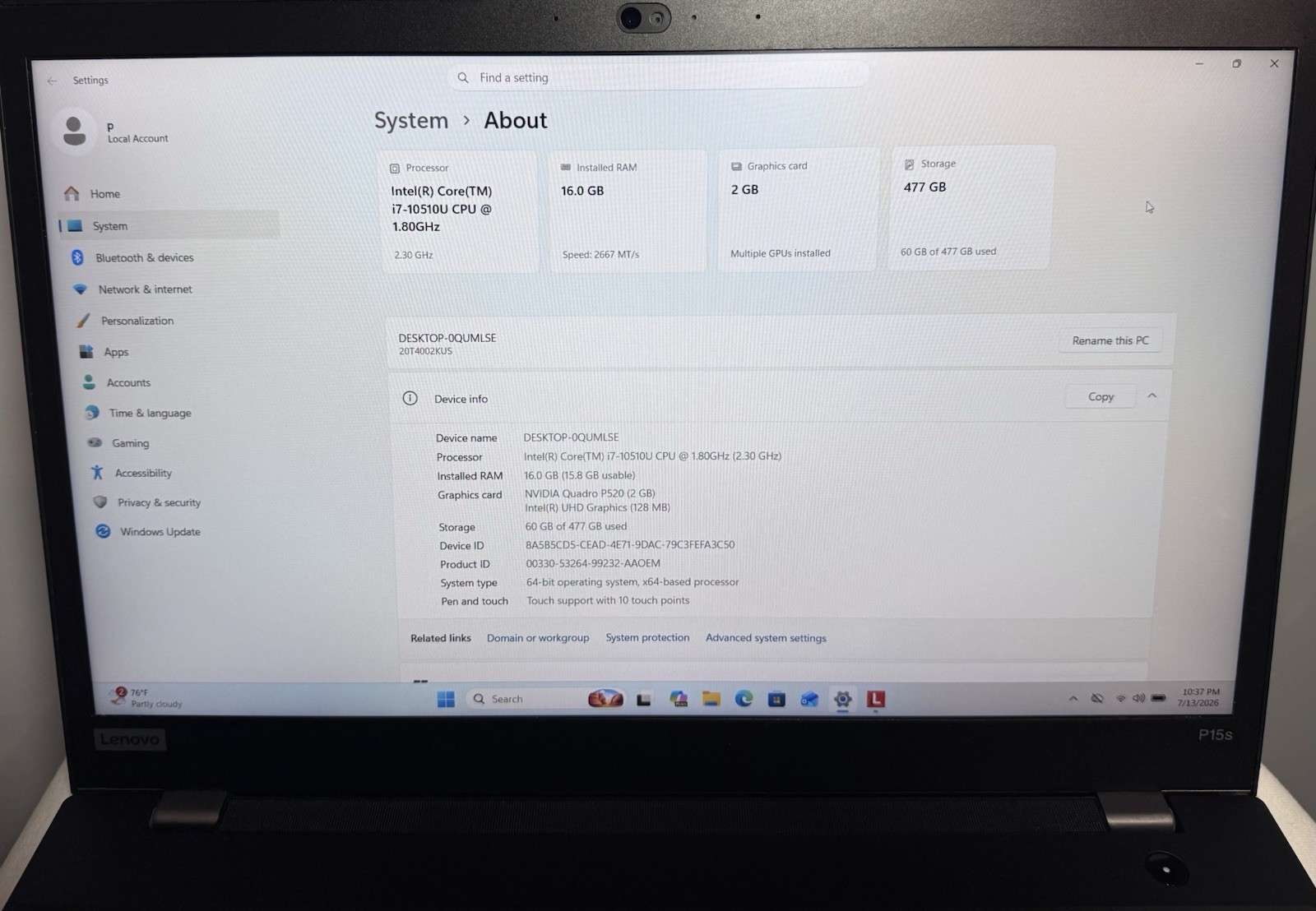LENOVO ThinkPad P15s Gen1 i7 15.6″ 16GB RAM 512GB SSD WIN11P NVIDIA Quadro P520