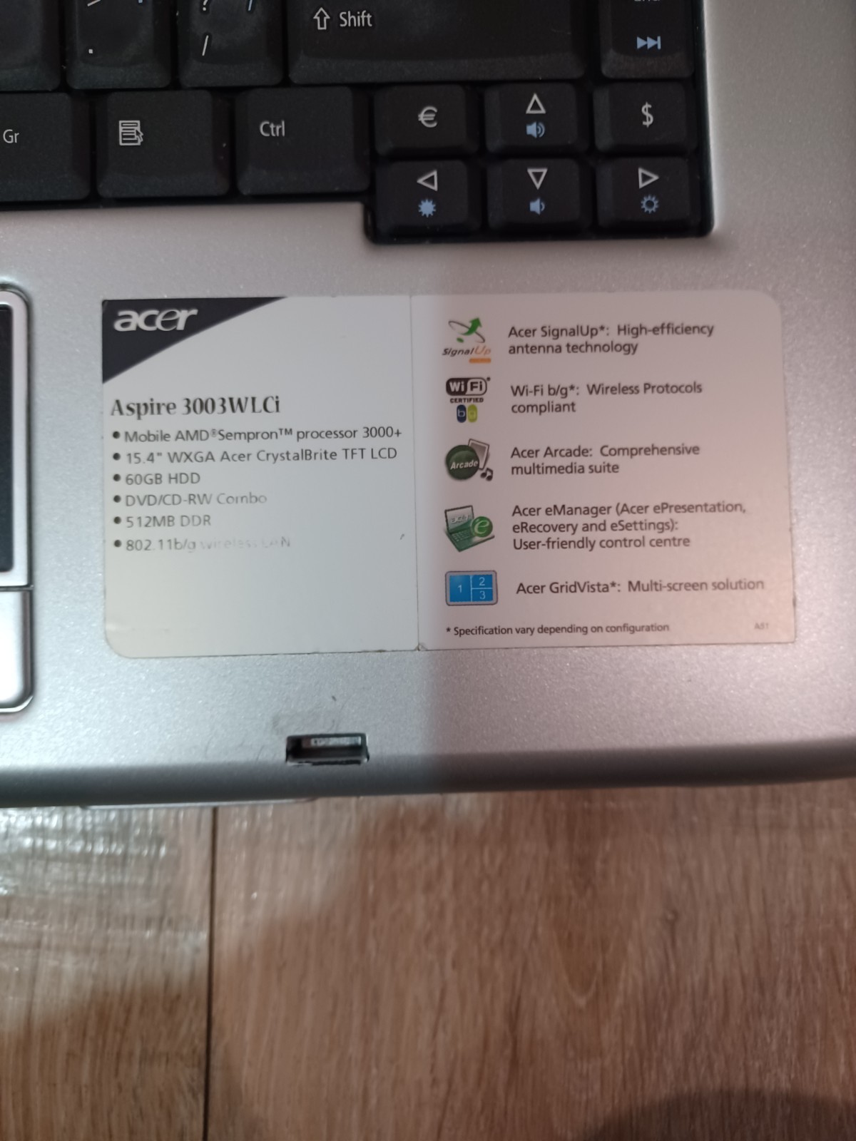 Acer Aspire 3004WLCi AMD Mobile Sempron 3100+ 1800MHz 447 MB – Works!-