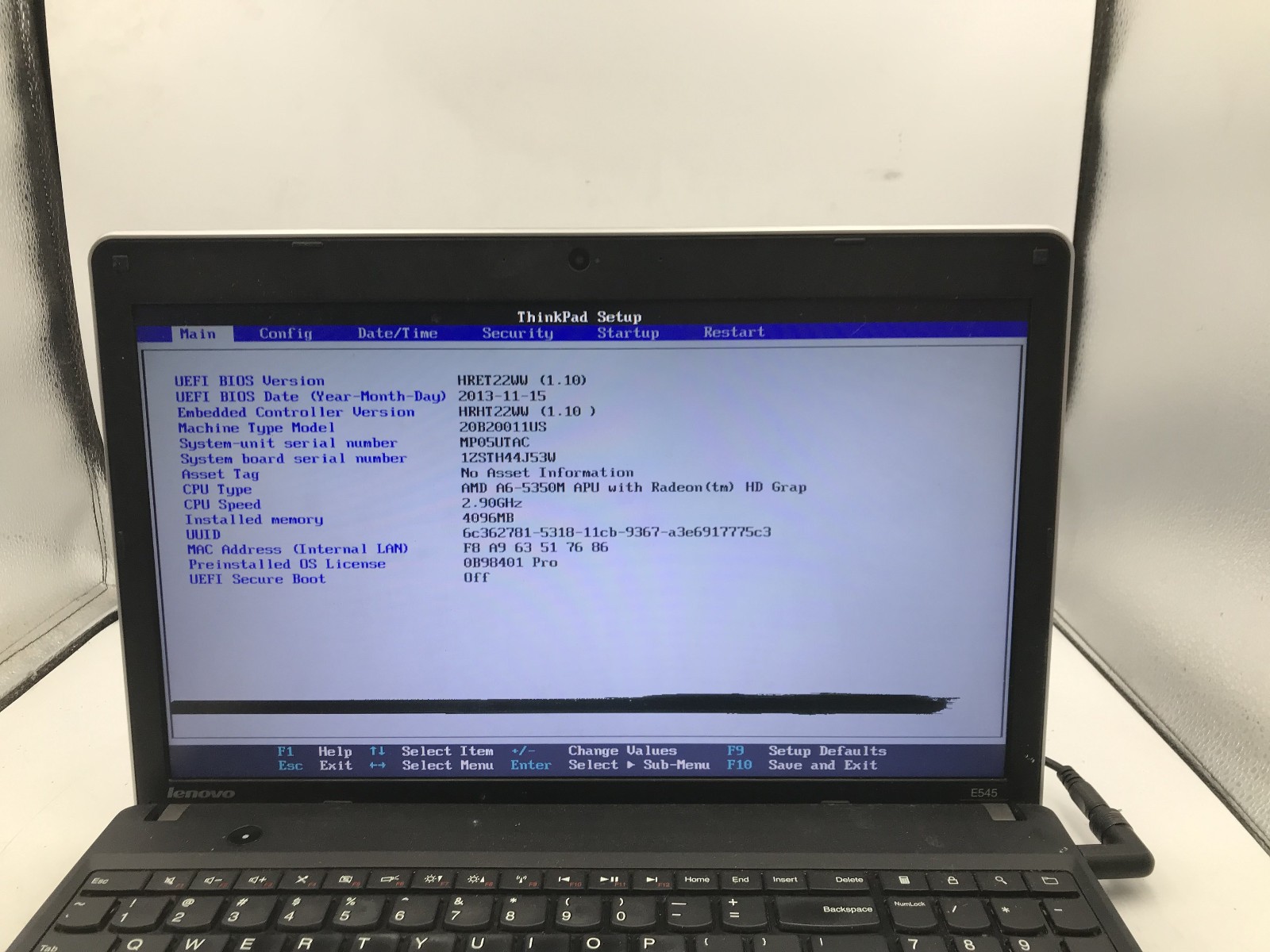 LENOVO THINKPAD E545 – BOOTS TO BIOS/BAD LCD – AMD A6 5350M – 4GB RAM – READ -BB