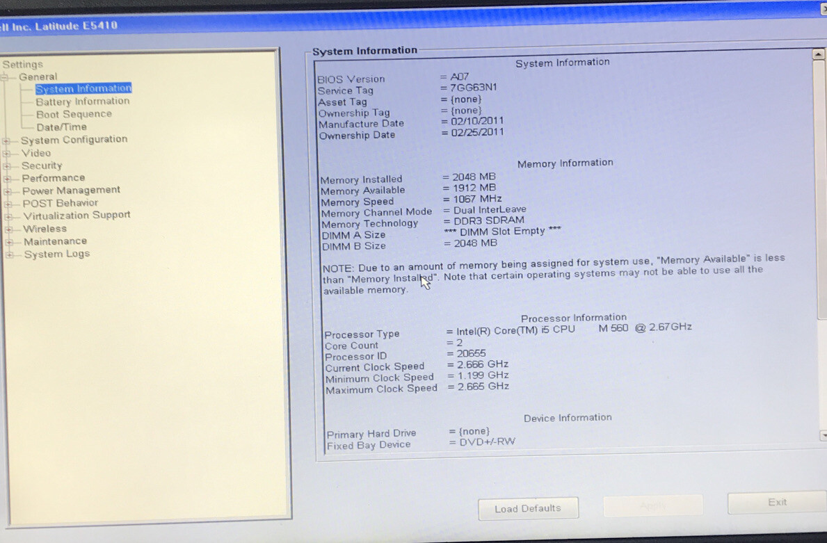 Dell Latitude E5410 Core i5 CPU M560 2.67GHz 2 GB RAM. NO HDD. Boot to BIOS
