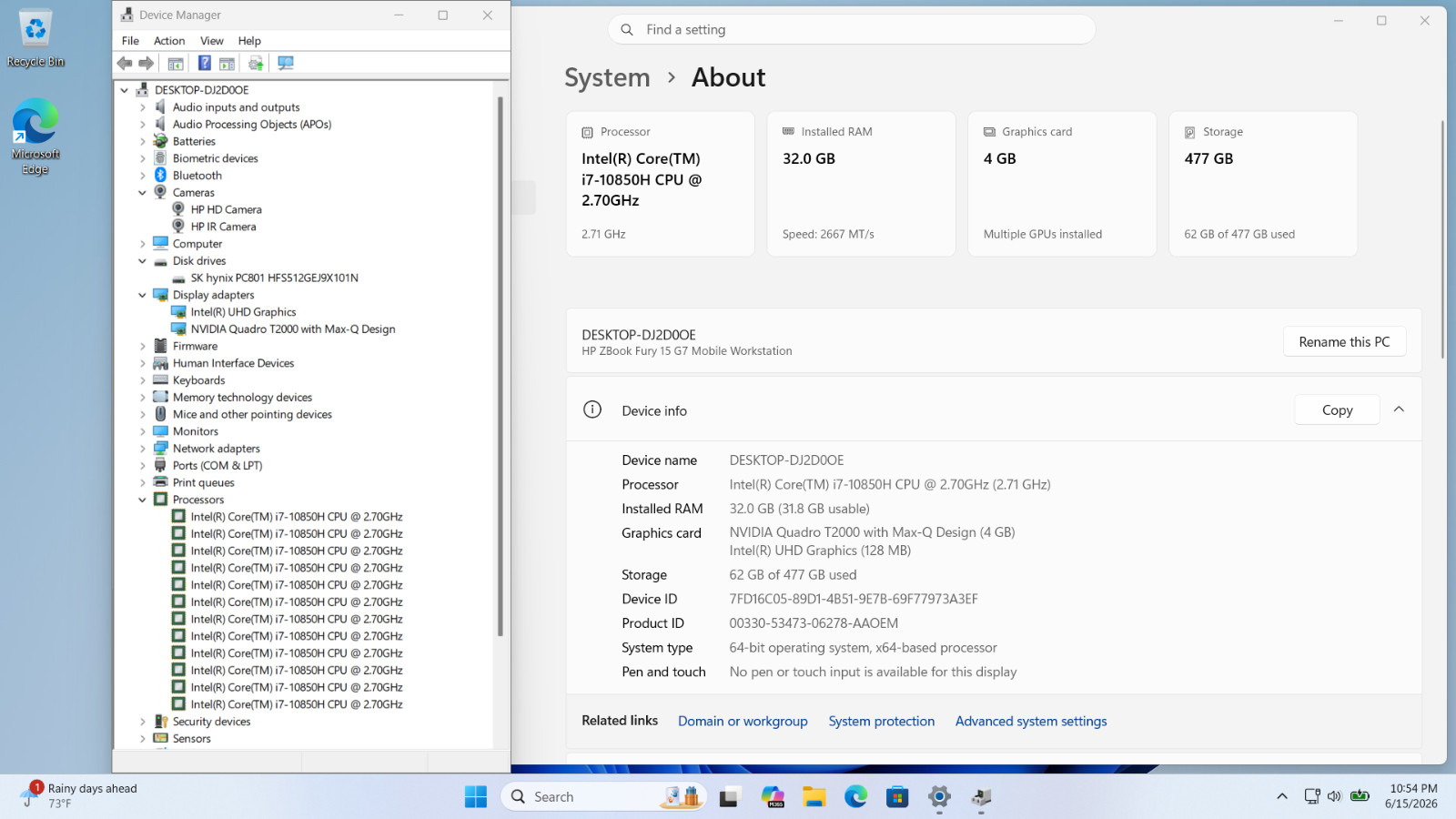 HP Zbook Fury 15 G7 1080p i7-10850H 32GB 512GB NVIDIA T2000 4GB – Very Good