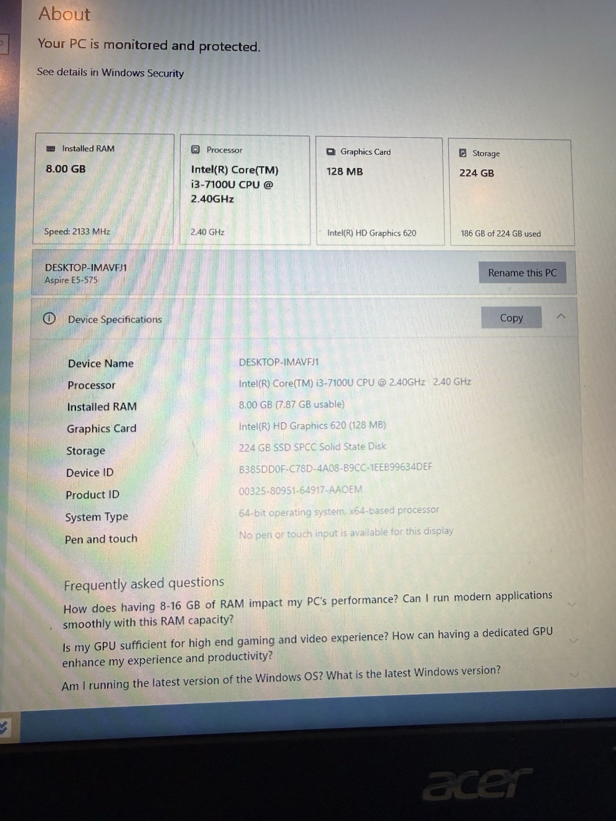 Acer Aspire E5-575 15″ Laptop Intel i3-7100U 8GB RAM 224GB SSD Win10 Computer