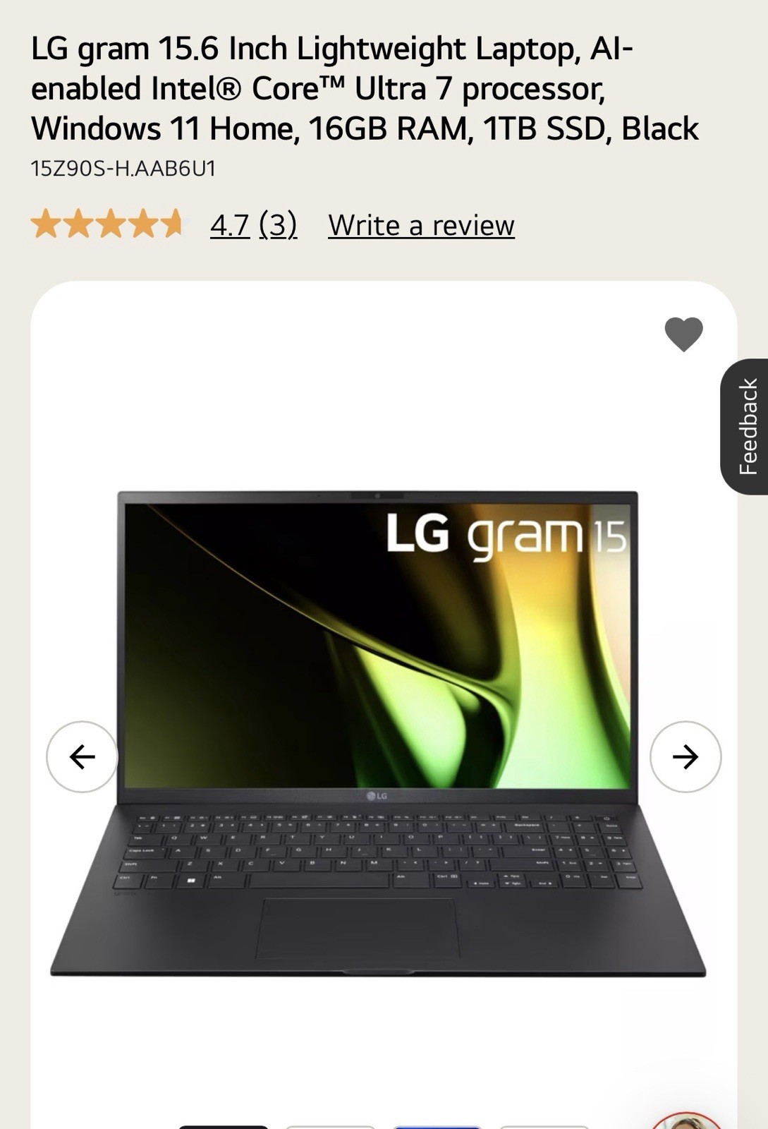 LG gram 15 15.6″ Intel Core Ultra 7 155H 16GB RAM 1TB SSD Win11 Black