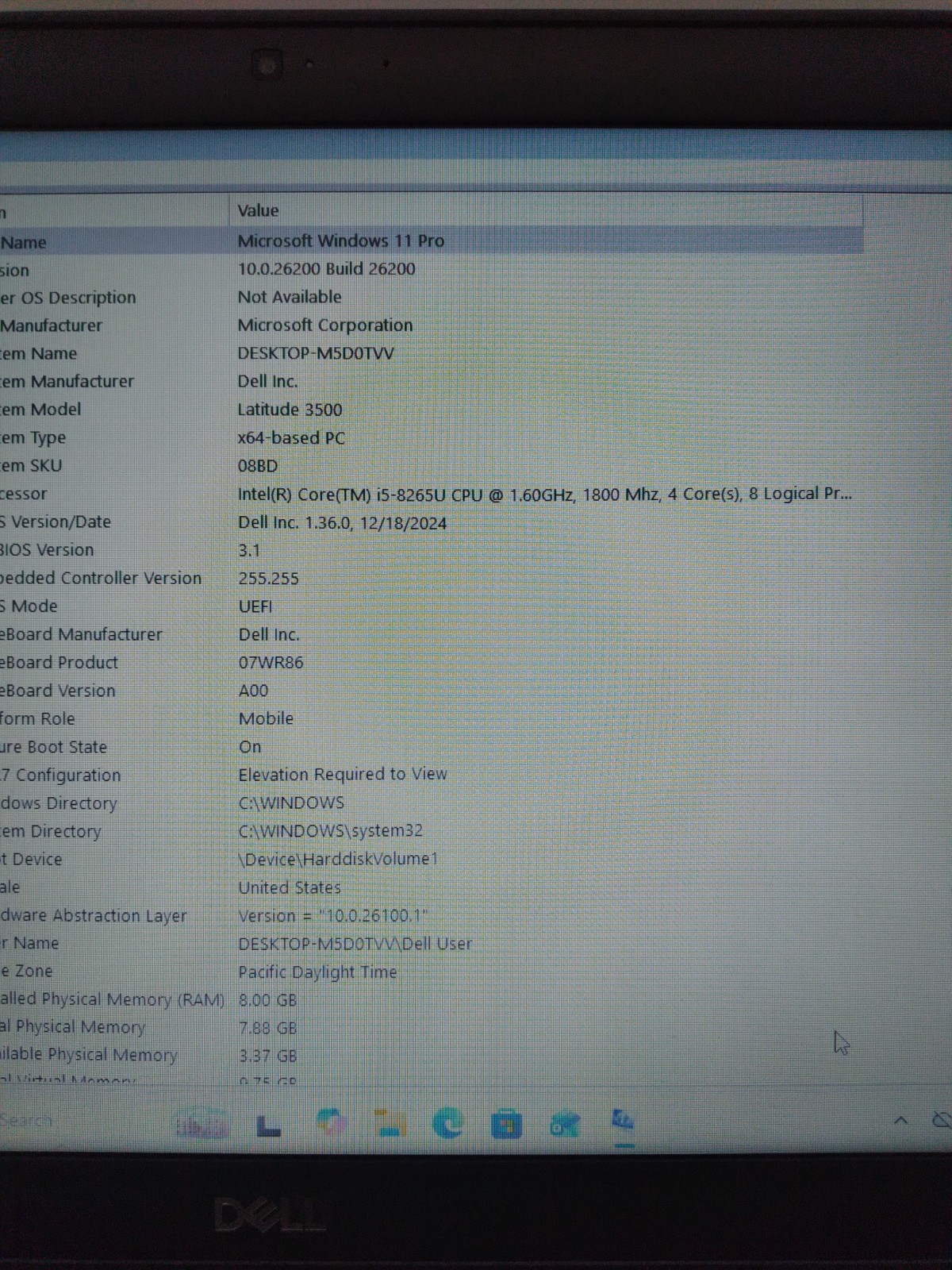 Dell Latitude 3500 15″ Laptop i5-8265U @ 1.6GHz 8GB RAM 500GB HDD Windows 11 Pro