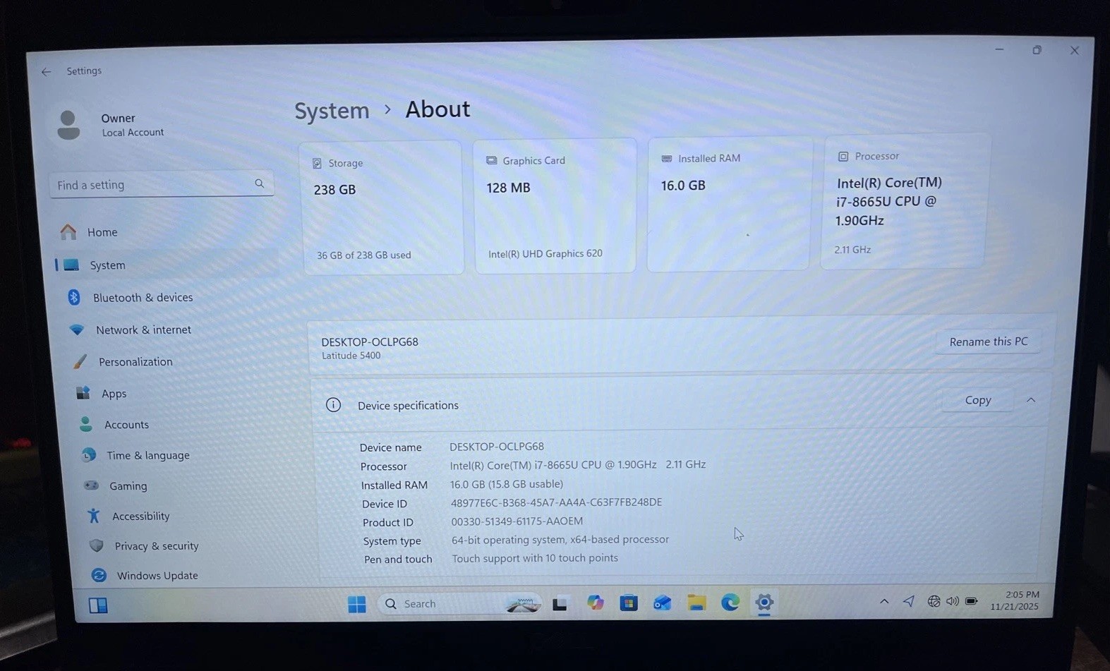 Dell Latitude 5400 14″ i7-8665U@1.9GHz, 16GB RAM, 256GB M2, Win 11 Pro *READ*