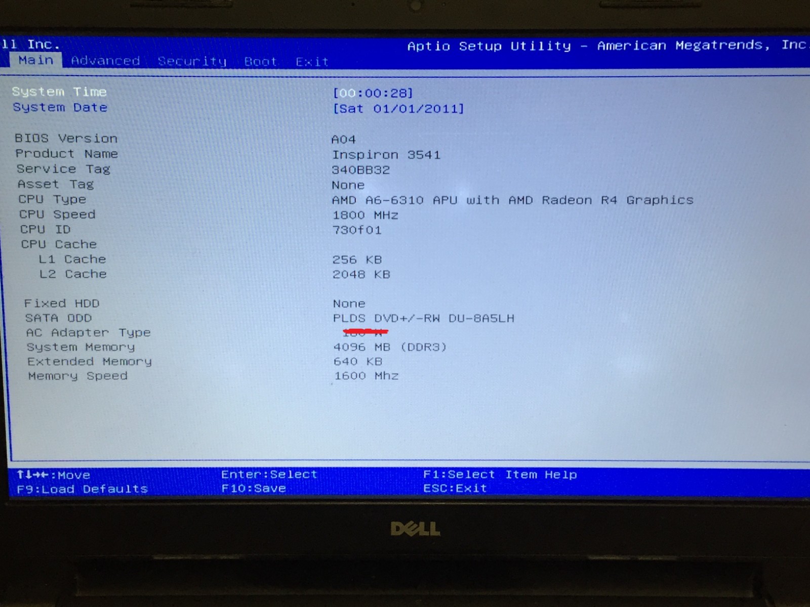 Dell Inspiron 3541 15 AMD A6-6310 1.80GHz 4GB DDR3 Ram NO HDD/AC Boot to BIOS