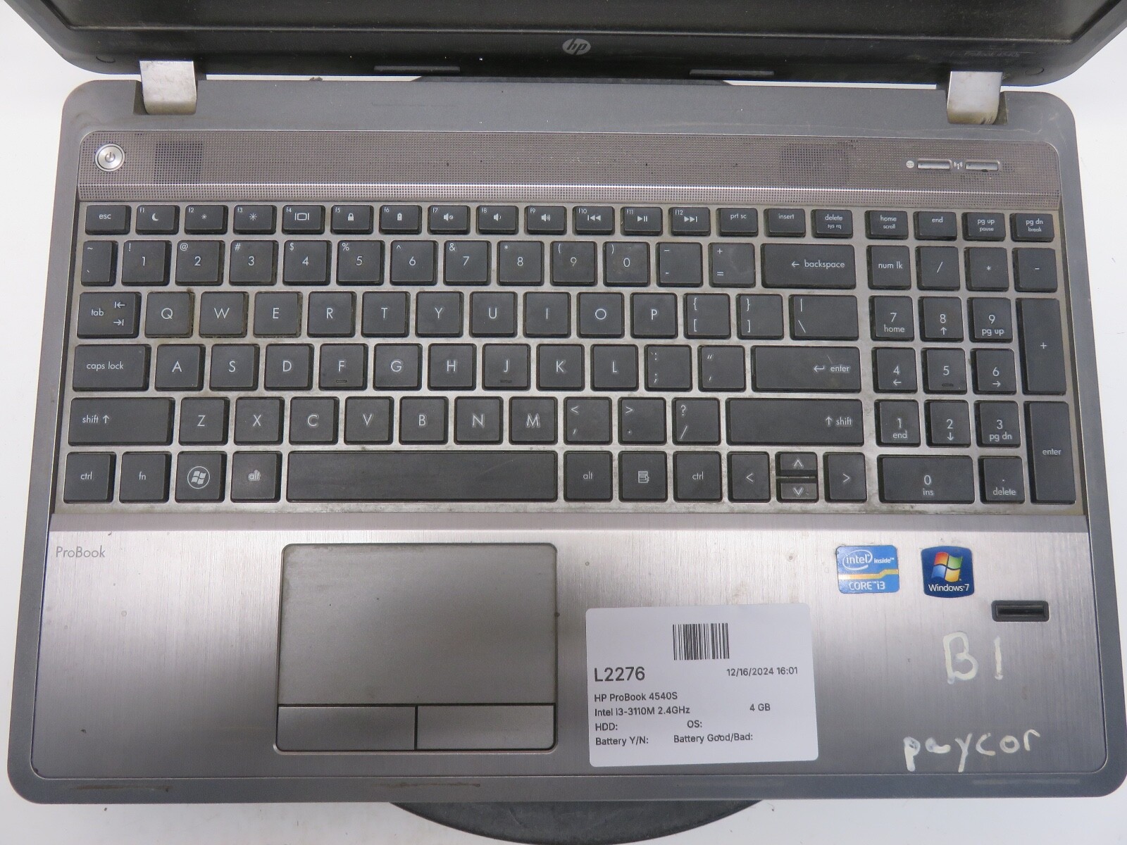 HP ProBook 4540S Intel i3-3110M 2.4GHz 4 GB NO HDD No Batt