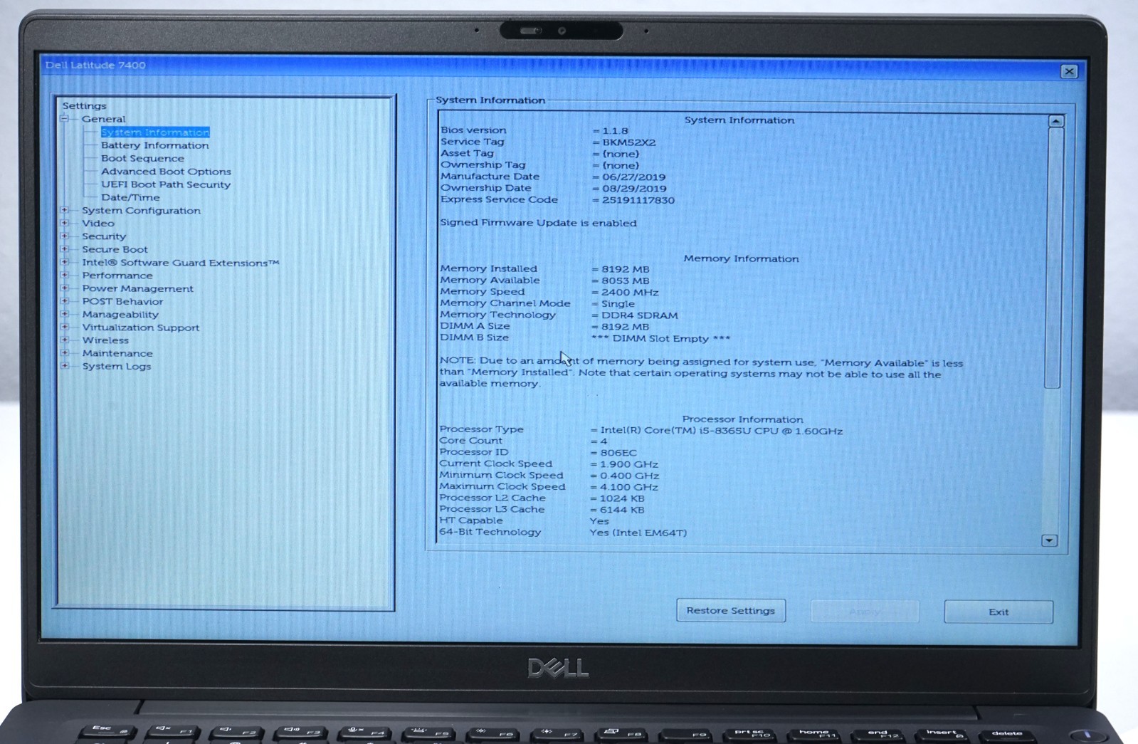 Dell Latitude 7400 Laptop – Intel Core i5-8365U @1.60GHz 8GB RAM – No SSD