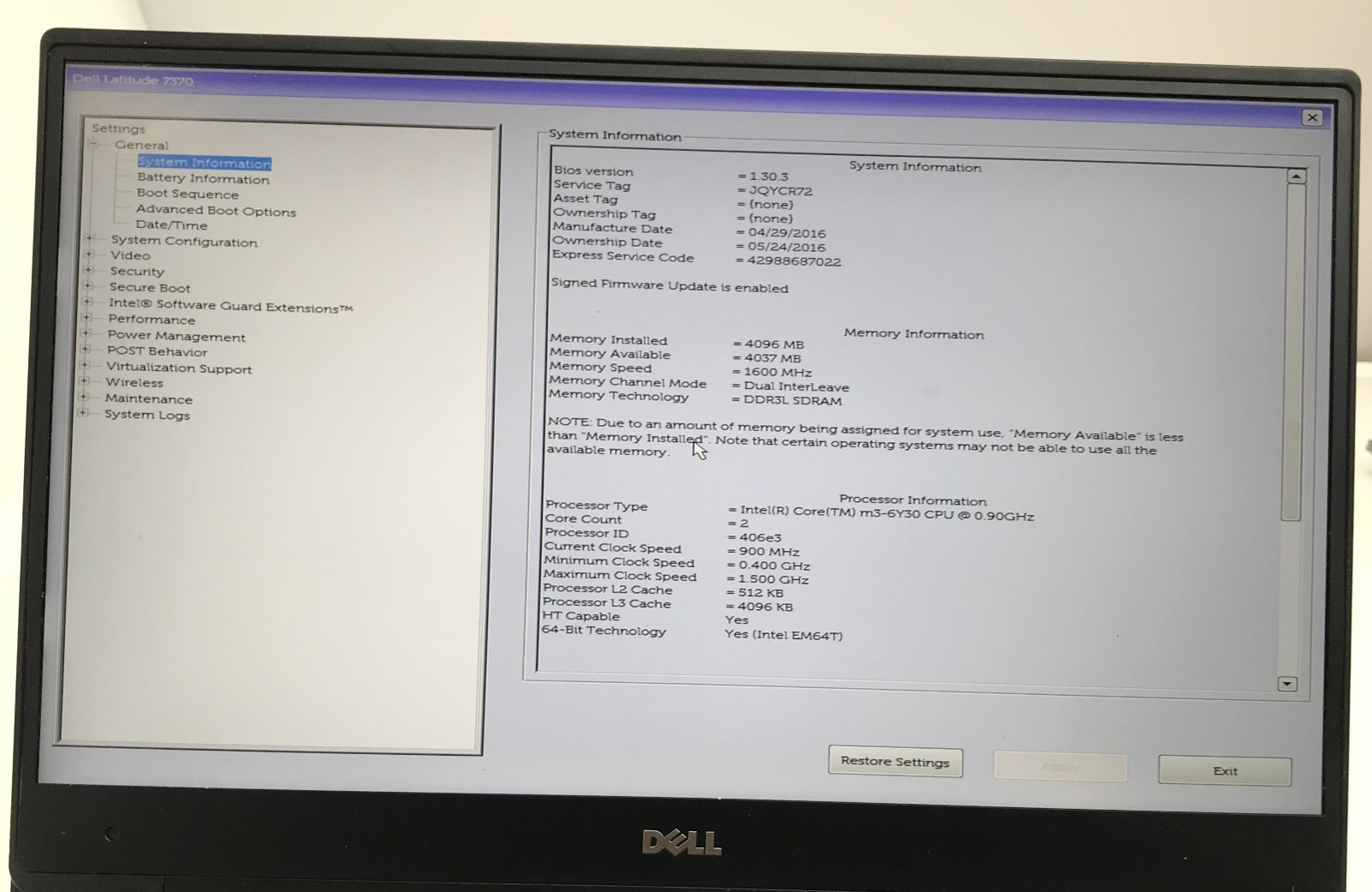 DELL LATITUDE 7370 M3-6Y30@0.90GHZ 4GB RAM 256GB NVME W11P W/AC *READ