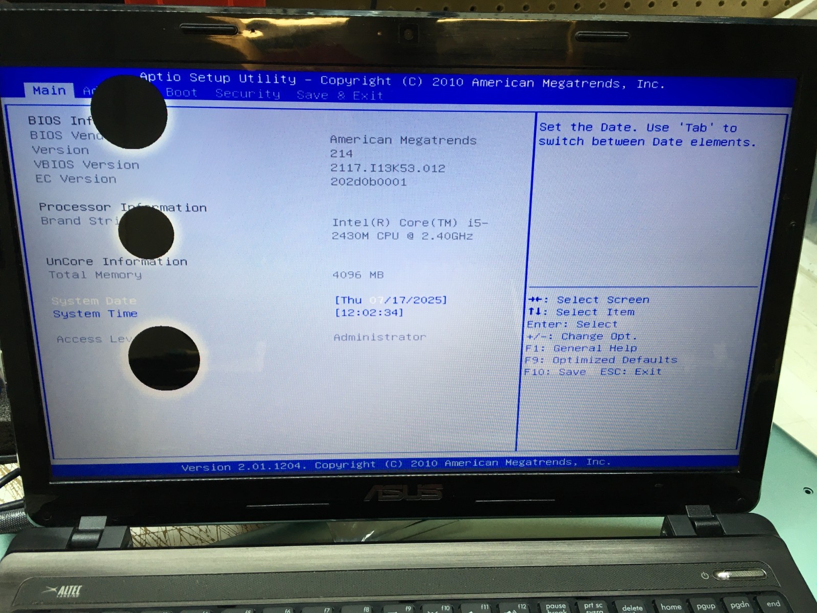 Asus K53E-BD4TD Intel i5-2430M 2.4GHz 4 GB NO HDD READ